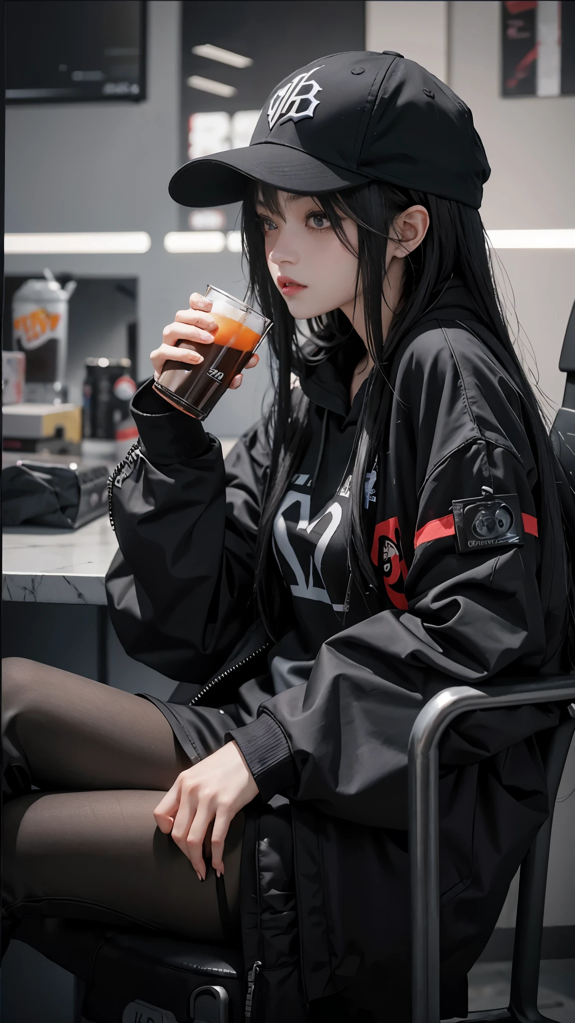 anime girl with black hair and a baseball cap sitting on a chair and drink ice in a cup, anime girl drinks energy drink, 1 7 - year - old anime goth girl, artwork in the style of guweiz, cyberpunk anime girl in hoodie, girls frontline style, black haired girl wearing hoodie, jet black haired cyberpunk girl, mysterious coffee shop girl, anime girl with long hair, guweiz