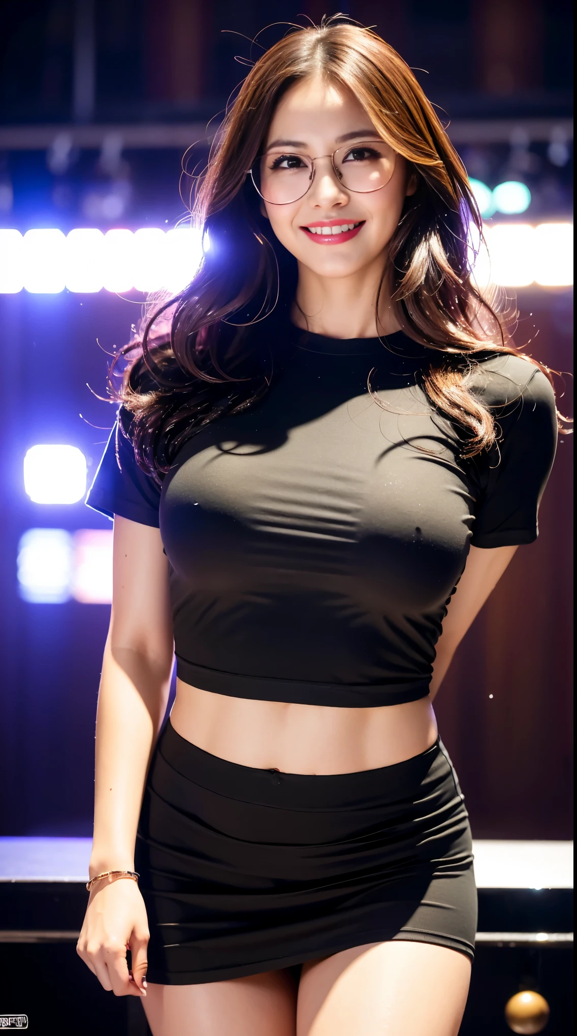 ((midnight, need, 8k, masterpiece:1.3)), whole body, long legs, focus:1.2, plump figure,Beautiful woman with perfect body:1.4,((dark brown hair, huge :1.2 )), (Low-cut T-shirt, ,short skirt), ((nightclub,ball room)), crowd,Highly detailed facial and skin textures, delicate eyes, double eyelids,wear glasses,crispy breasts,smiling,Larger breasts, curls,crispy breasts,get wet,Sweating,red lips,Hot dance,big bust,huge breasts
