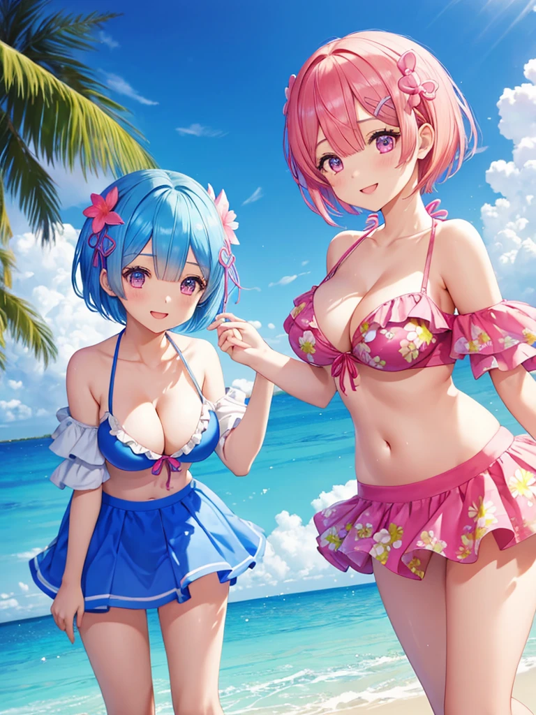 Re:zero,2 girls(one girl:rem,blue hair, short hair)(other girl:ram,pink hair, short hair) large breasts are standing at tropical beach in Maldives, colorful, floral, (wearing off shoulder bikini and flair short skirt), smiling to viewer. from bellow, floating hair, bangs, looking to viewer, extremely cute face, masterpiece, best quality, 8k wallpaper, high resolution, (scenery), perfect anatomy