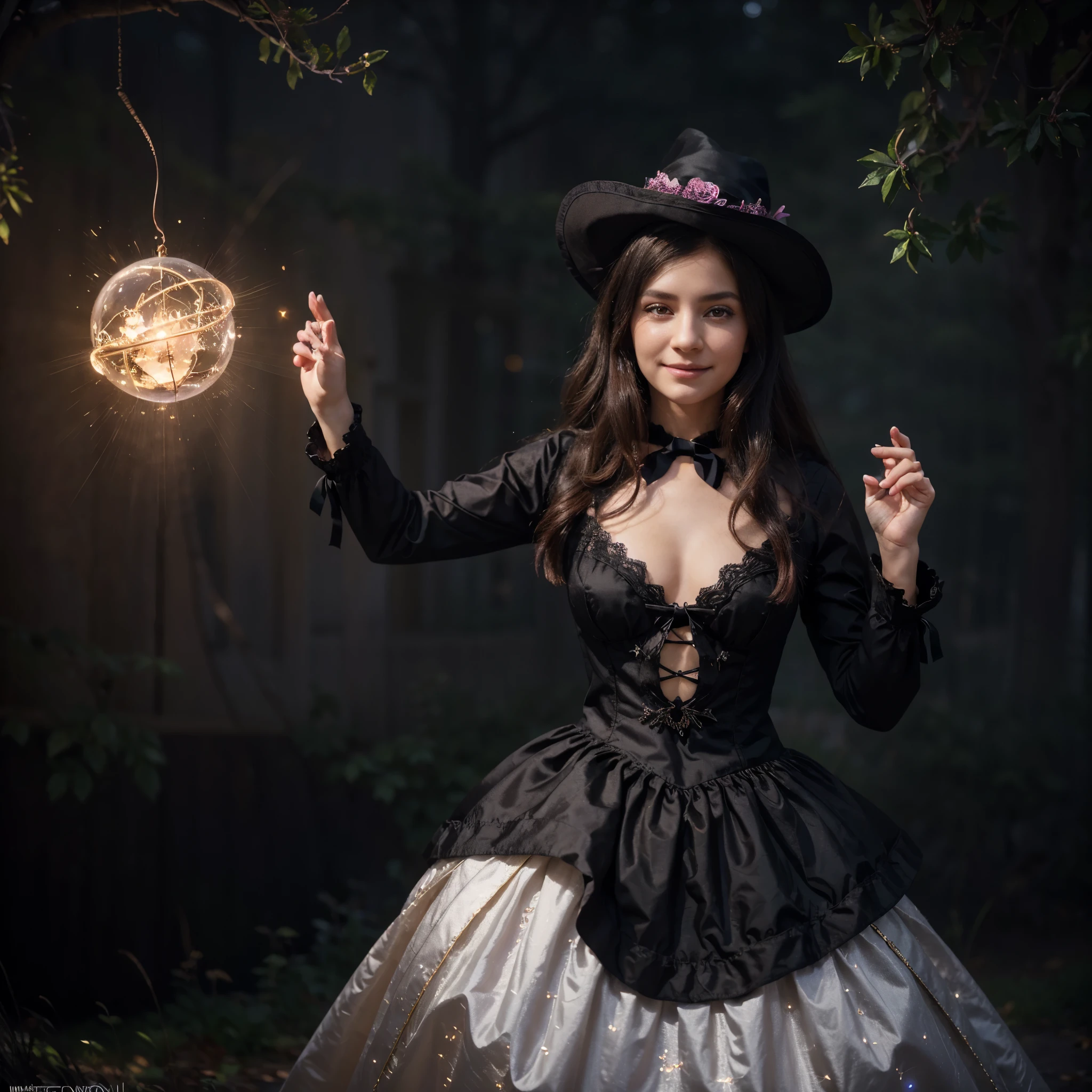 (best quality,4k,8k,highres,masterpiece:1.2),ultra-detailed,(realistic,photorealistic,photo-realistic:1.37),teenage boy magically transformed into a cute witch girl,girl with magical powers,cute and girly transformation,girl with magical abilities,anime style,pink eyes,long black hair with pink dye,happy,effeminate face,stunning black Victorian dress,physically-based rendering,gorgeous dress design,flowing gown,elaborate lace details,rich textures,contrast stitching,delicate ribbon bows,floral accents,full skirt,high neckline,long sleeves,fitted waistline,flared cuffs,lace-up back,luxurious fabrics,flawless silhouette,high heels,pointy hat,vibrant and colorful,enchanted forest background,flying broomstick with magical sparkles,casting spells in mid-air,adorable animal companions: a black cat and an owl,misty moonlit night,impressive spellbook filled with intricate illustrations,surrounded by floating magical orbs,exquisite lace details on the dress,mysterious expression,girlish giggle,captivating charm,powerful yet playful demeanor,endearing smile,sparkling wand in hand,spellbinding aura,graceful movements,playful pose with hands raised,luminous glow,with a hint of mischief in her eyes,beautifully intense magical energy emanating from her,soft and ethereal lighting,glowing magical symbols in the air,celestial background with twinkling stars,whimsical and enchanting atmosphere
