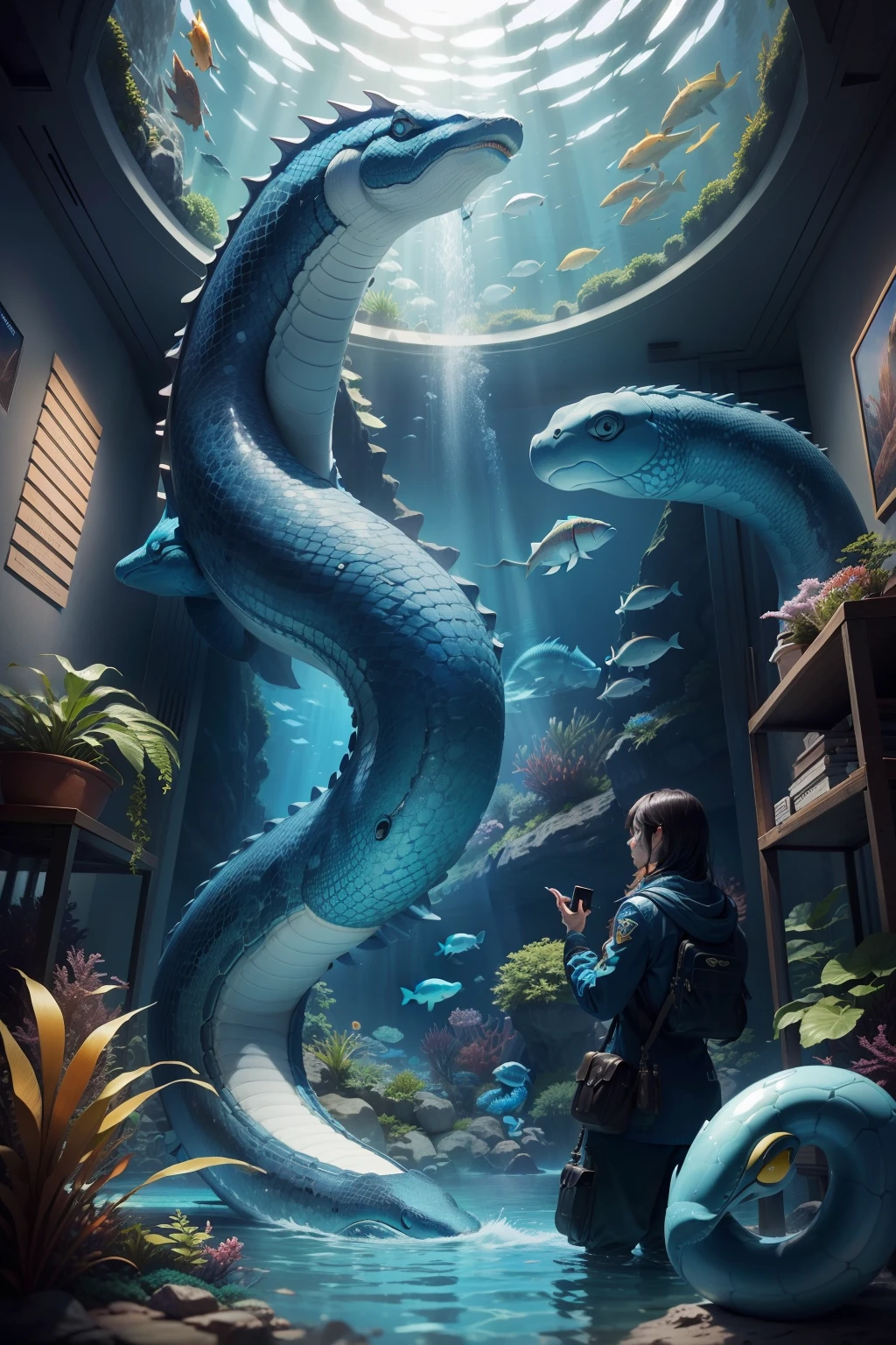 futuro style,aquarium,giant sea serpent,Detailed snake、Blue water,High-level ranks,aircraft shuttle、Aquamarine、accurate snake、High quality