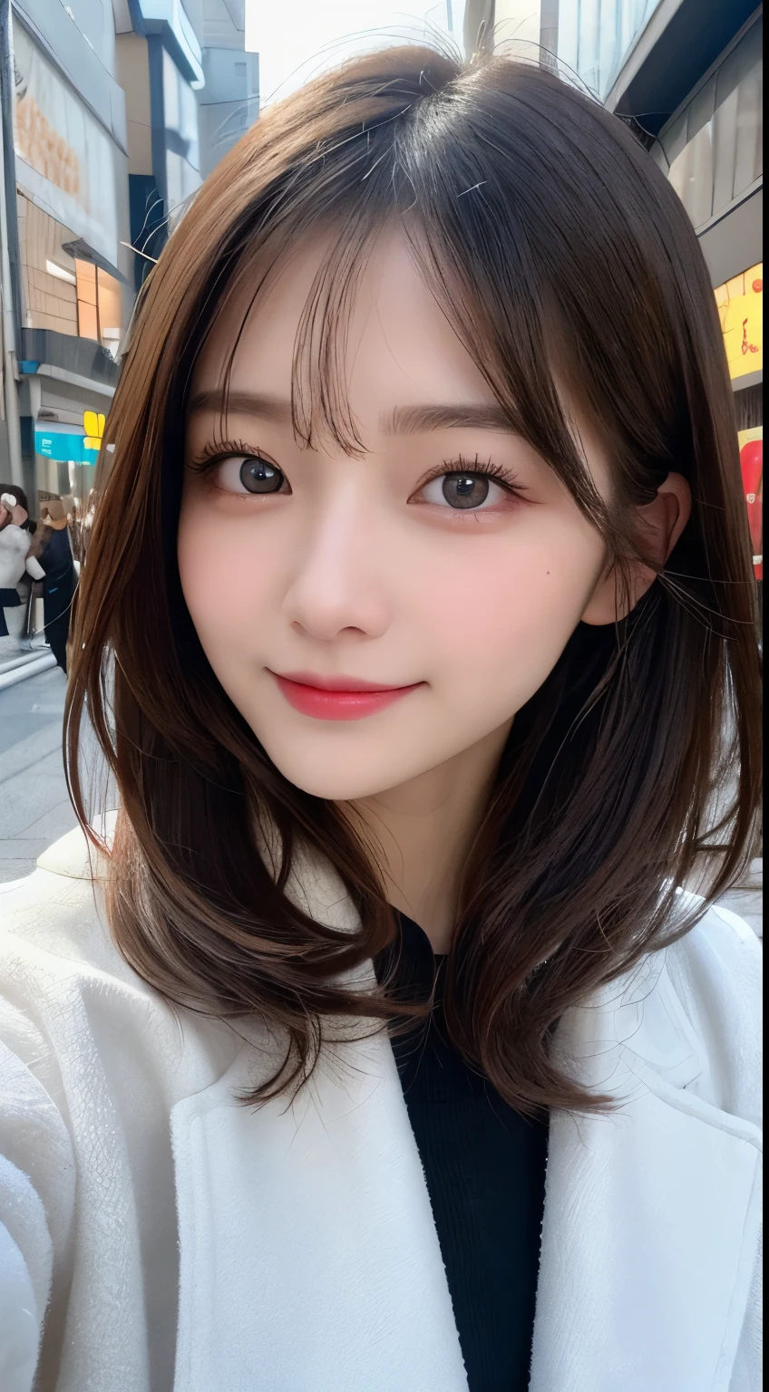 table top, highest quality, shape, Super detailed, finely, High resolution, 8k wallpaper, 完璧なダイナミックな構shape, beautiful and detailed eyes, Tokyo trend winter fashion,medium hair, small breasts, natural color lip, random sexy pose,cute smile,big city、20 year old girl、beautiful and detailed face、perfect and beautiful face,Big eyes、Wear fluffy black outerwear with fur、beautiful detailed face、perfect and beautiful double eyelids、blur the background