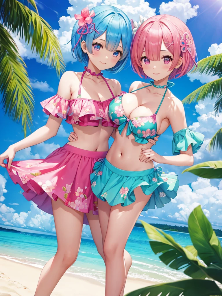 Re:zero,2 girls(one girl:rem,blue hair, short hair)(other girl:ram,pink hair, short hair) large breasts are standing at tropical beach in Maldives, colorful, floral, (wearing off shoulder bikini and flair short skirt), smiling to viewer. from bellow, floating hair, bangs, looking to viewer, extremely cute face, masterpiece, best quality, 8k wallpaper, high resolution, (scenery), perfect anatomy