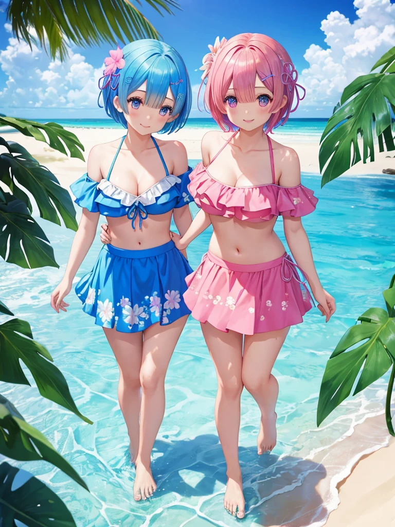 Re:zero,2 girls(one girl:rem,blue hair, short hair)(other girl:ram,pink hair, short hair) large breasts are standing at tropical beach in Maldives, colorful, floral, (wearing off shoulder bikini and flair short skirt), smiling to viewer. from bellow, floating hair, bangs, looking to viewer, extremely cute face, masterpiece, best quality, 8k wallpaper, high resolution, (scenery), perfect anatomy