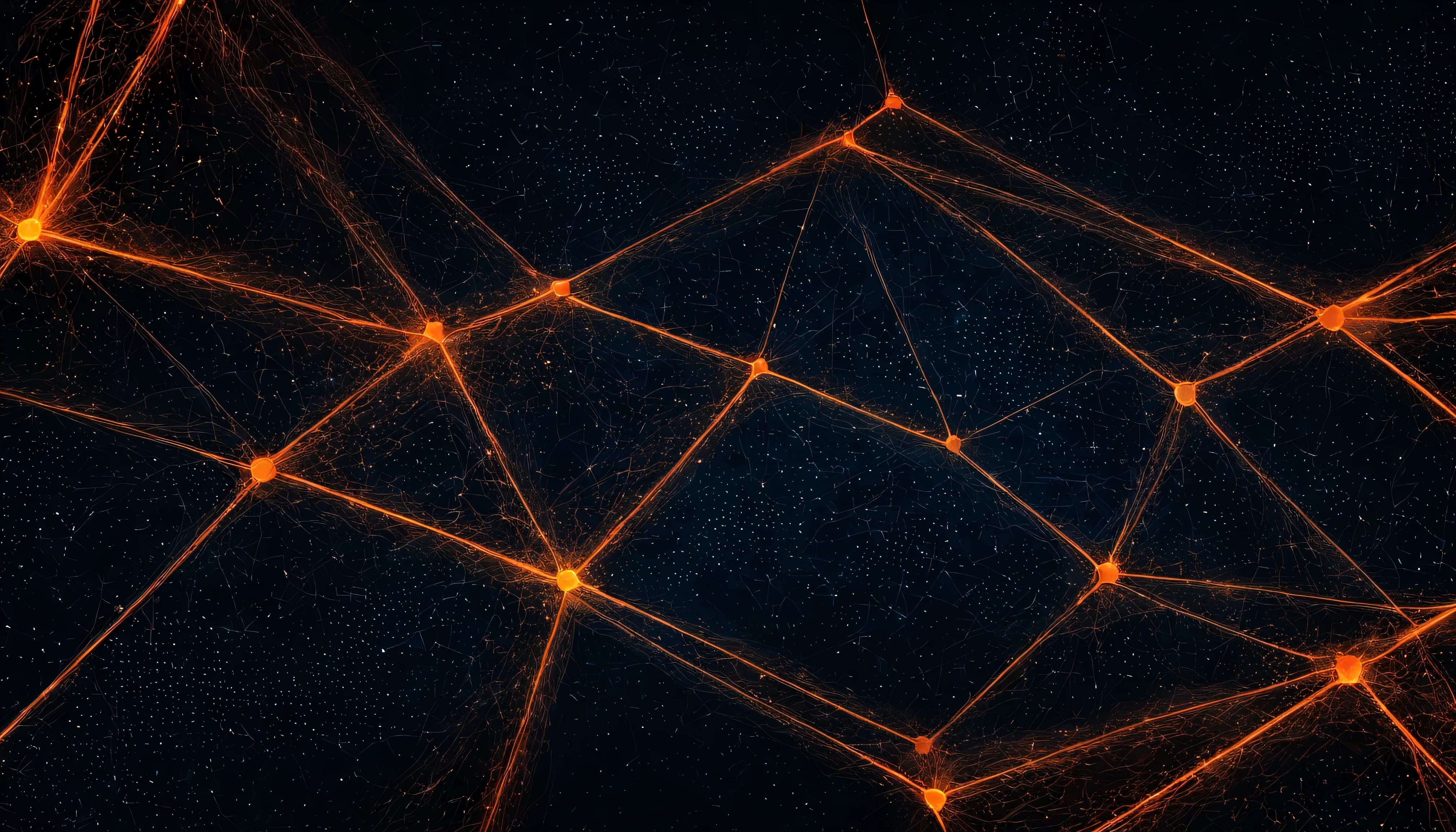 a blue and orange abstract background, digital art, digital nodes cyber security polygon flowing abstract art representing data, connectivity, on a dark background, particles simulation, connections, connectedness, digital background, blockchain, complex background, particle simulation, cyber background, omnious background