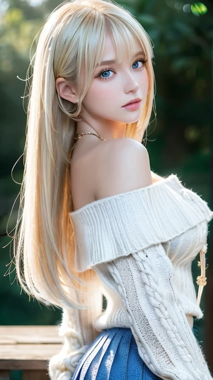 bright look、ponytail、Young, shiny, white, glossy skin、best beauty、Blonde reflected light、Platinum blonde hair with dazzling highlights、shiny bright hair,、super long silky straight hair、Shining beautiful bangs、Sparkling clear and charming big blue eyes、very beautiful lovely cute  girl、rich bust,beautiful detailed eyes, beautiful detailed nose,(( whole body:1.25)),Makeup that the eyes emphasize、((Mini pleated skirt with many folds)),(A woman like Joan of Arc)、Knights, (((big wooden cane)))，royal style，Comic style, , sub-surface scattering,geous details, nature background, super photographic, cinematic, dramatic writing, muste piece、fluffy hair、((No shoulder knit sweater:1.3))、super exposeavage、((use magic