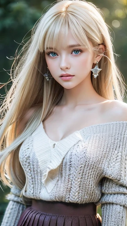 bright look、ponytail、Young, shiny, white, glossy skin、best beauty、Blonde reflected light、Platinum blonde hair with dazzling highlights、shiny bright hair,、super long silky straight hair、Shining beautiful bangs、Sparkling clear and charming big blue eyes、very beautiful lovely cute 16 year old girl、rich bust,beautiful detailed eyes, beautiful detailed nose,(( whole body:1.25)),Makeup that the eyes emphasize、((Mini pleated skirt with many folds)),(A woman like Joan of Arc)、Knights, (((big wooden cane))),royal style,Comic style, , sub-surface scattering, gorgeous details, nature background, super photographic, cinematic, dramatic writing, muste piece、fluffy hair、((No shoulder knit sweater:1.3))、super exposed cleavage、((use magic:1.3))