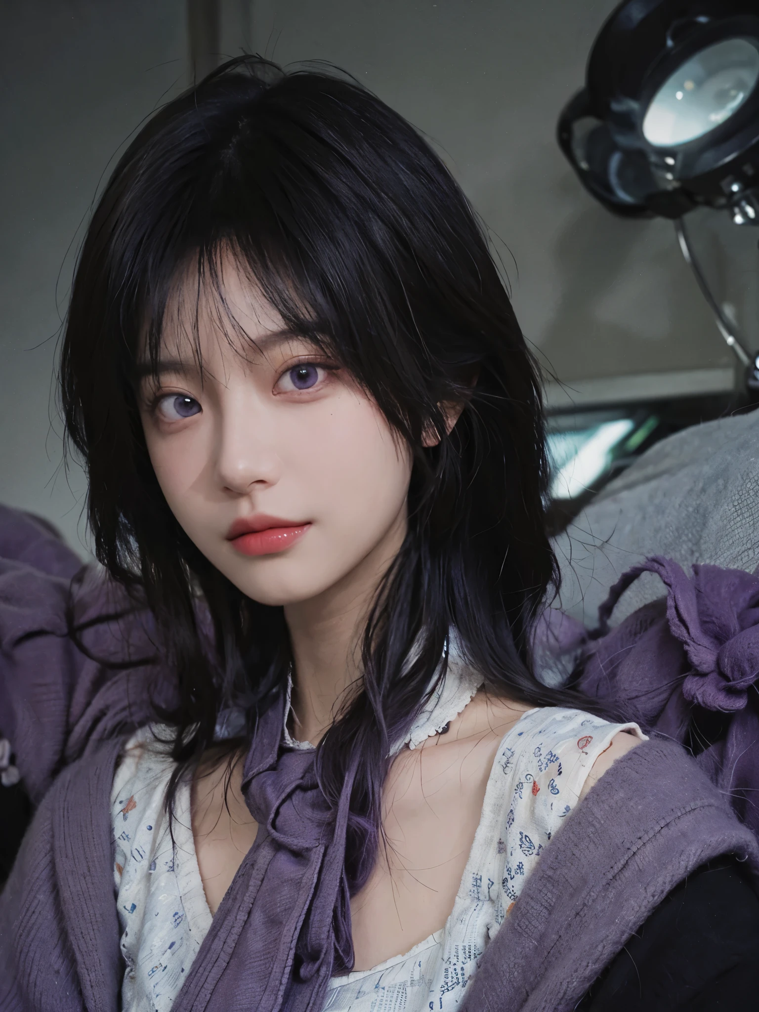 best quality, high quality, a cute girl, alone, Beautiful purple hair, beautiful purple eyes, faint smile,