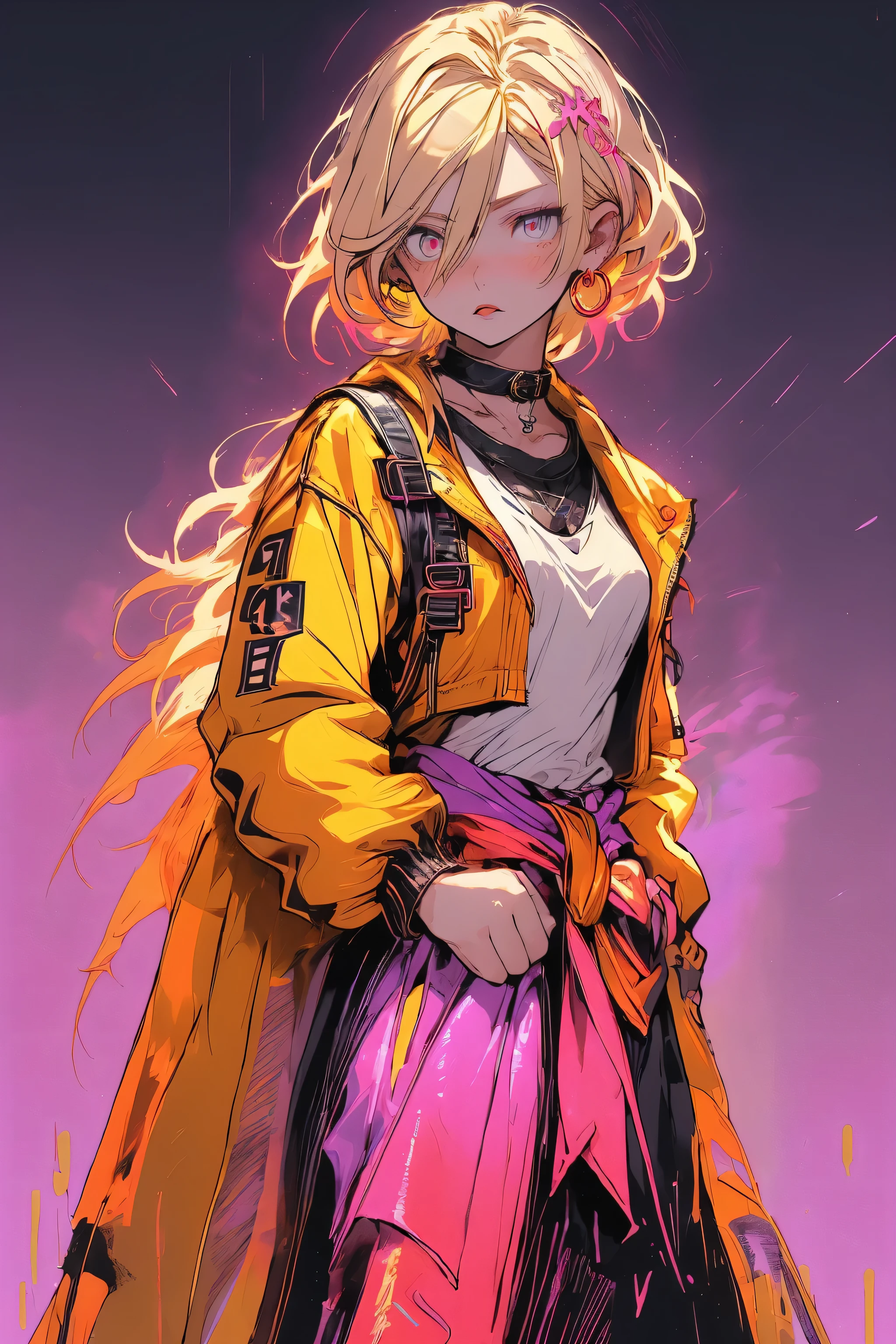 Upper body standing painting, yellow style, (1 ), (alone), (cent, small), long blonde hair, looking at the viewer, Blue eyes background, white background, gem, Jacket, golden hair、straight hair, ear nipple rings, red eyes, choker necklace, sweater, eyelash, cosmetics, curly, punching, lipstick, ear piercing, eye shadow, hoop earrings, Red-pink lips, multicolored eyes, Yellow theme, 赤いeye shadow,Wearing a rainbow-colored aura from the whole body、purplish color, outdoor, Purple background, Shadow lighting,Hands folded behind the waist,Decisive pose、Detailed CG, (perfect hands, perfect anatomy)、stick out tongue(1:3)、Happier appearance