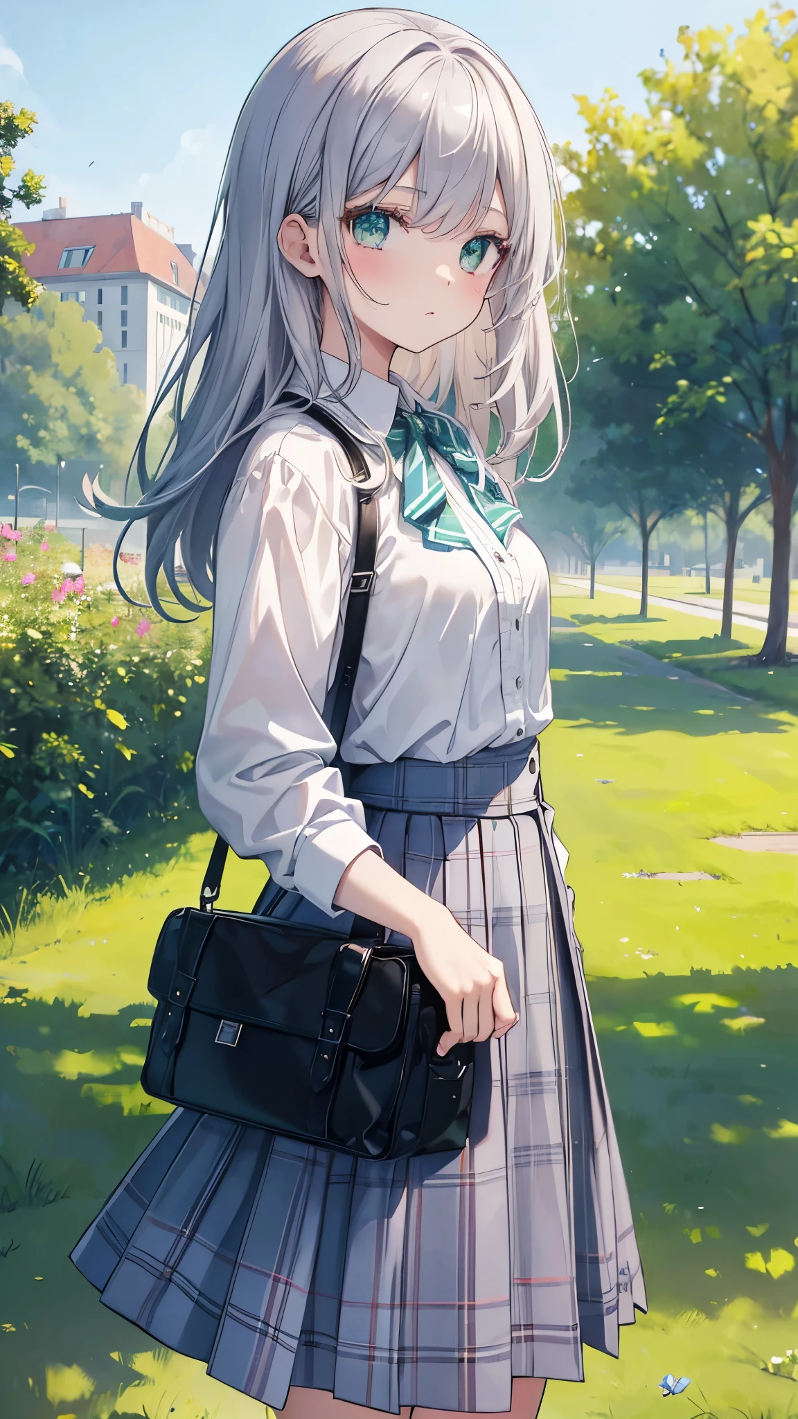 girl、(masterpiece:1.1)、(best quality:1.1)、(white blouse:1.1)、(plaid skirt:1.1)、school uniform、high waist skirt、break[green grass:pink,:0.5]theme、(Urban background:1.1)、denim lens、Break Silver、length、green eyes、landscape、