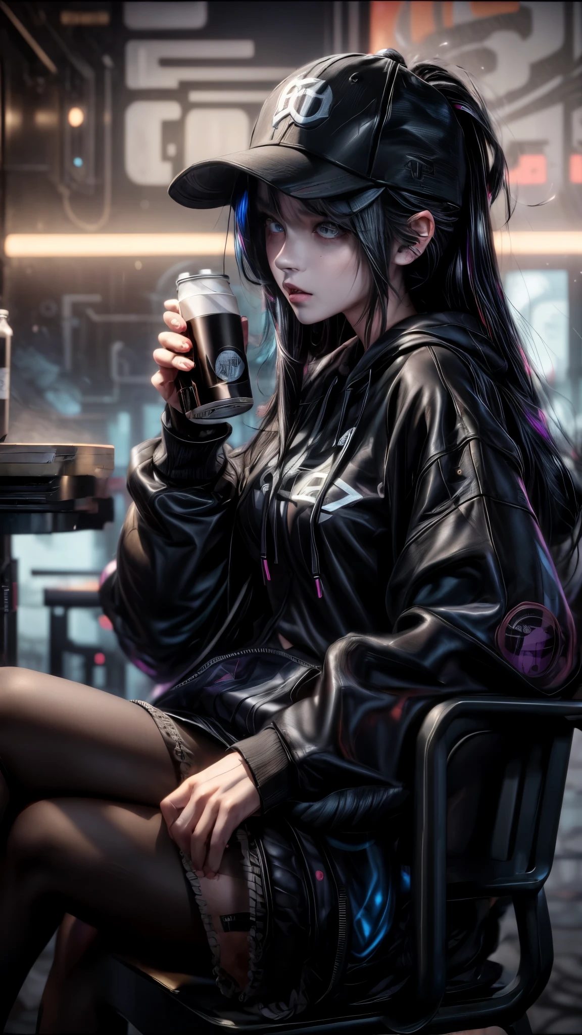 anime girl with black hair and a baseball cap sitting on a chair, anime girl drinks energy drink, 1 7 - year - old anime goth girl, artwork in the style of guweiz, cyberpunk anime girl in hoodie, girls frontline style, black haired girl wearing hoodie, jet black haired cyberpunk girl, mysterious coffee shop girl, anime girl with long hair, guweiz