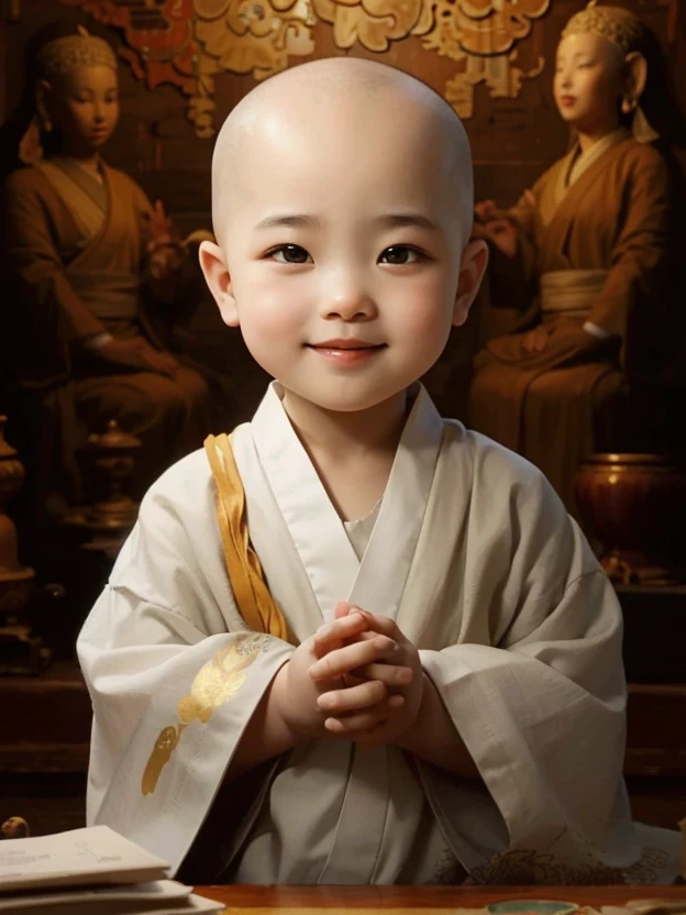 A 3--old d monk，Wearing a white monk's robe，Chubby little face，Big round eyes，A  High Bridge of nose，With a smile，had his hands folded，Sit cross-legged。Lotus pattern on background。k hd