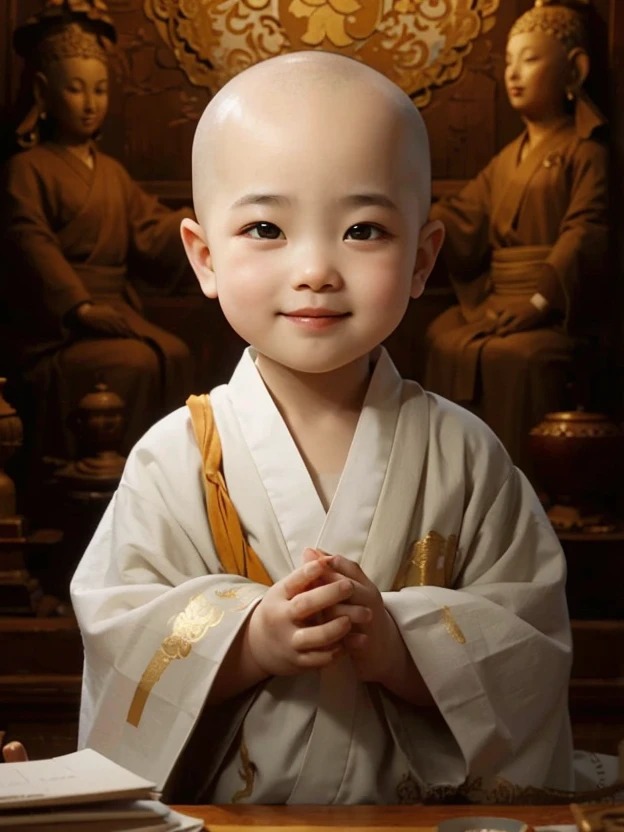 A 3-year-old bald monk,Wearing a white monk's robe,Chubby little face,Big round eyes,A High Bridge of nose,With a smile,had his hands folded,Sit cross-legged。Lotus pattern on background。k hd