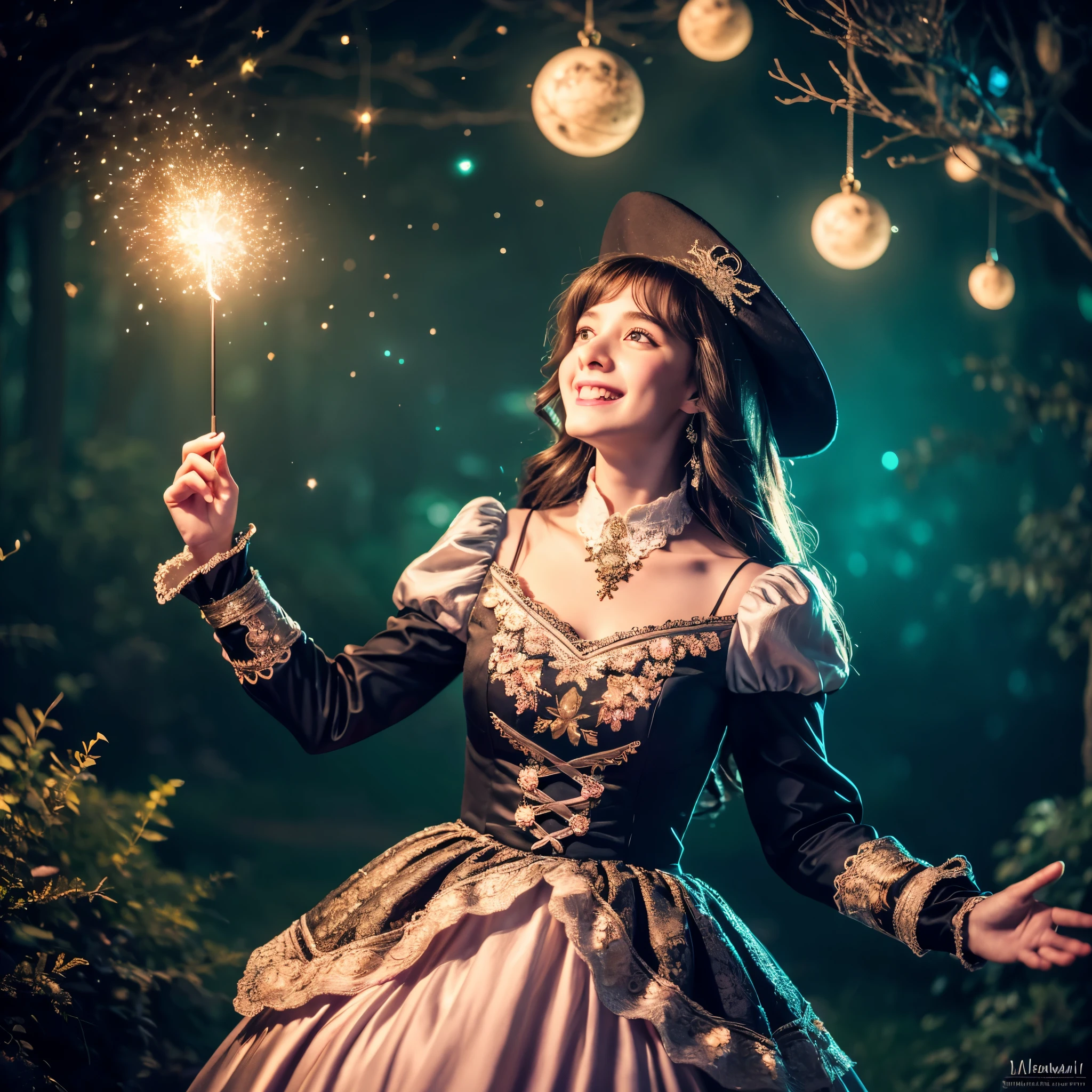 (best quality,4k,8k,highres,masterpiece:1.2),ultra-detailed,(realistic,photorealistic,photo-realistic:1.37),teenage boy magically transformed into a cute witch girl,girl with magical powers,cute and girly transformation,girl with magical abilities,anime style,pink eyes,long black hair with pink dye,happy,effeminate face,stunning black Victorian dress,physically-based rendering,gorgeous dress design,flowing gown,elaborate lace details,rich textures,contrast stitching,delicate ribbon bows,floral accents,full skirt,high neckline,long sleeves,fitted waistline,flared cuffs,lace-up back,luxurious fabrics,flawless silhouette,high heels,pointy hat,vibrant and colorful,enchanted forest background,flying broomstick with magical sparkles,casting spells in mid-air,adorable animal companions: a black cat and an owl,misty moonlit night,impressive spellbook filled with intricate illustrations,surrounded by floating magical orbs,exquisite lace details on the dress,mysterious expression,girlish giggle,captivating charm,powerful yet playful demeanor,endearing smile,sparkling wand in hand,spellbinding aura,graceful movements,playful pose with hands raised,luminous glow,with a hint of mischief in her eyes,beautifully intense magical energy emanating from her,soft and ethereal lighting,glowing magical symbols in the air,celestial background with twinkling stars,whimsical and enchanting atmosphere