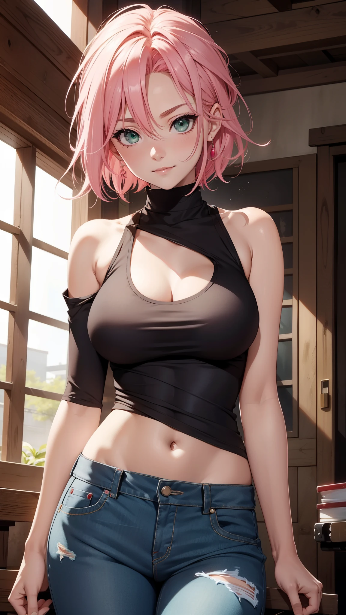 Haruno Sakura,salura, naruto,rough face, Off the shoulder dress,natural skin, high quality, national foundation, Naruto Sakura,A pink haired one,short, fine hair,green eyes,(big deal :1.2),(off shoulder clothing:1.5),leaks from shoulder,(Smile:1.2)very tight vest,Sexy clothing,breasts pressed together, red tank top,bare stomach,skinny jeans