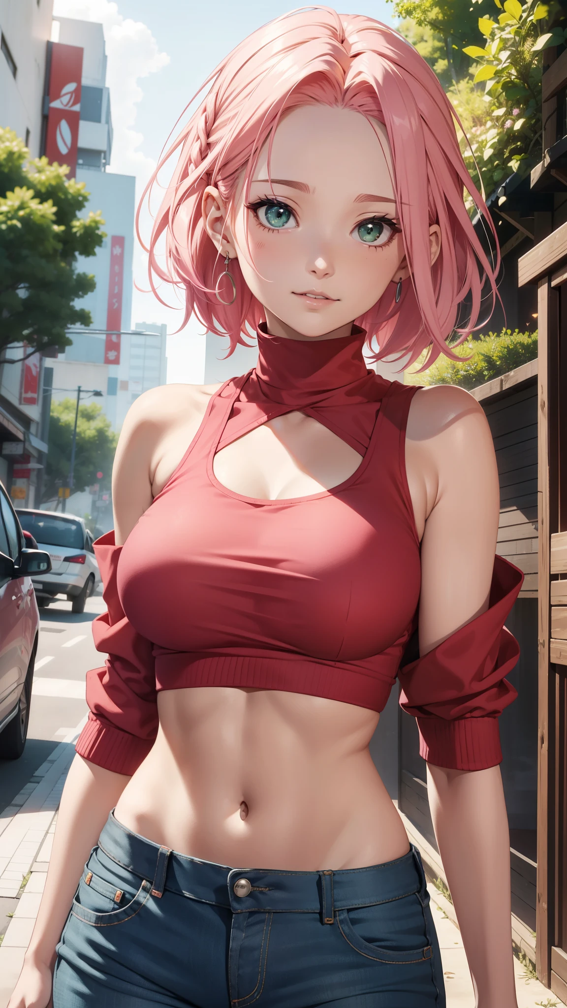 Haruno Sakura,salura, naruto,rough face, Off the shoulder dress,natural skin, high quality, national foundation, Naruto Sakura,A pink haired one,short, fine hair,green eyes,(big deal :1.2),(off shoulder clothing:1.5),leaks from shoulder,(Smile:1.2)very tight vest,Sexy clothing,breasts pressed together, red tank top,bare stomach,skinny jeans