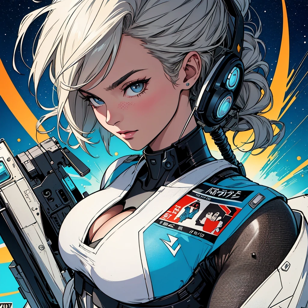 (((highest quality))),masterpiece,1 woman,((the perfect person)),((Super beautiful woman)),detailed perfect face,retro,vintage,classic,60's,70's,80&#39;s,old movie posters,abstract,((スペーススリラーmovie poster)),(Futuristic),Geometric pattern,very delicate,movie poster_white frame,universe,Milky Way,planet,,propaganda,universe飛行士,breast enhancement,simple,(big breasts),(cleavage),cyber punk,massive stream of light,overlay,SF,A scene from a science fiction movie,universeステーション,tattoo,American comic book style,perfect fingers,perfect physical beauty,perfect body,anime,highlight,stylish,