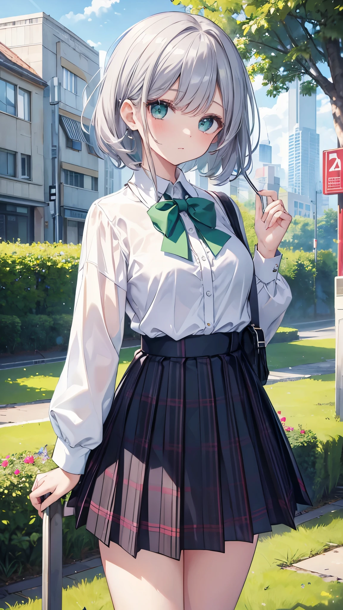 girl、(masterpiece:1.1)、(best quality:1.1)、(white blouse:1.1)、(plaid skirt:1.1)、school uniform、high waist skirt、break[green grass:pink,:0.5]theme、(Urban background:1.1)、denim lens、Break Silver、length、green eyes、landscape、