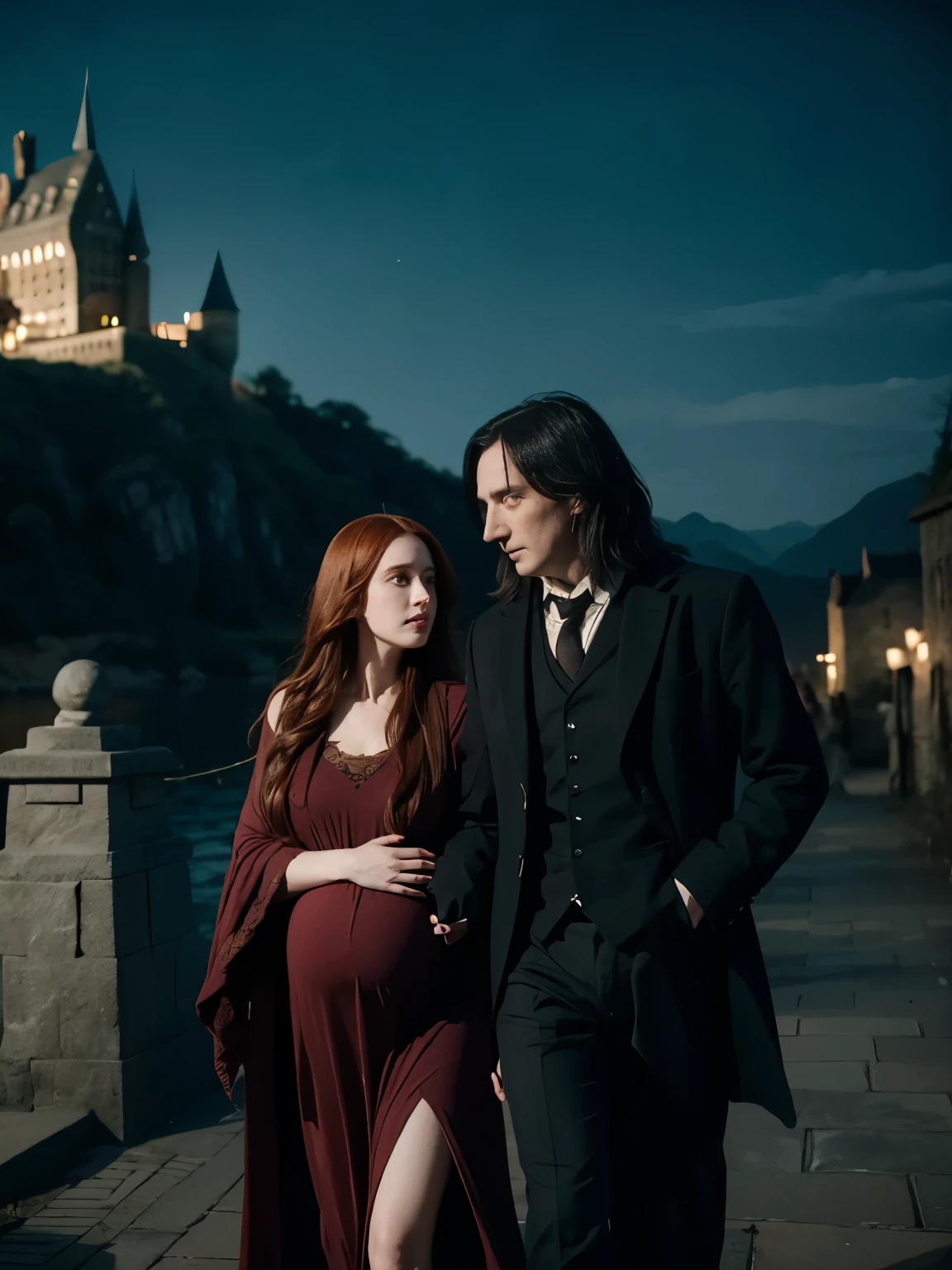 Lily Evans pregnant, Professor Severus Snape held,walking, Hogwarts Castle