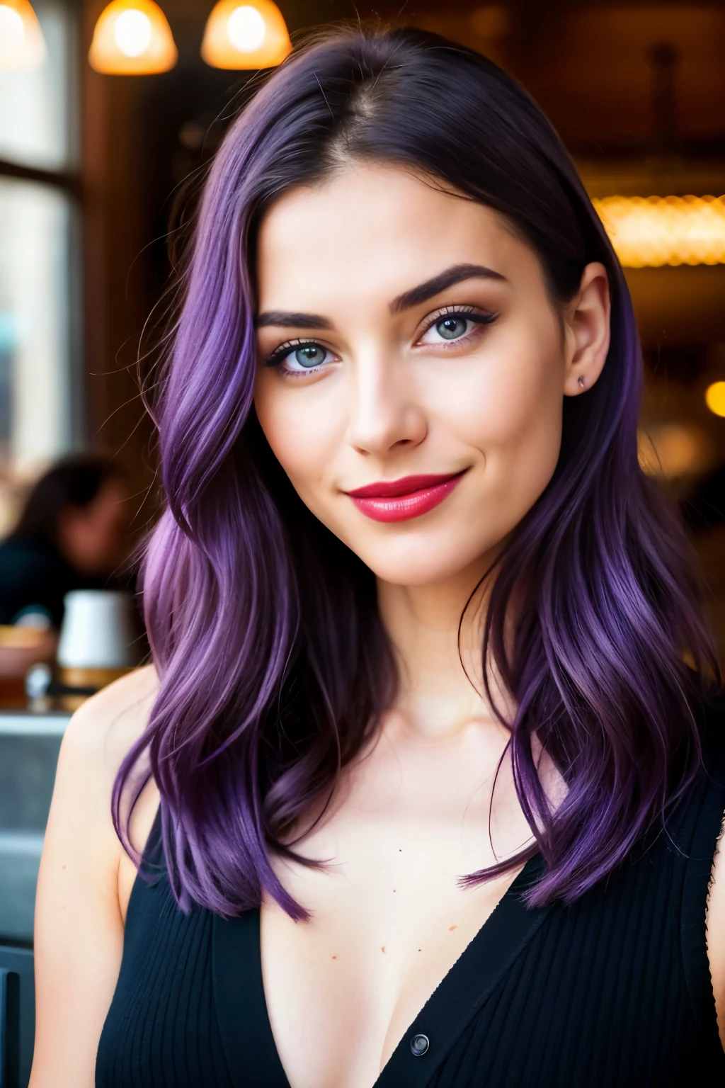 A portrait photo of a beautiful influencer woman, with captivating purple hair, mesmerizing blue eyes, bold red lips, and a charming, irresistible smile, in the cozy ambiance of a modern coffe shop, human details, 8k resolution, realistically rendered - every detail meticulously captured,intricate high details, sharp focus, detailed complexion, authentic skin texture, profoundly textured eyes,professionally executed, maximally detailed, ultrarealistic, photorealistic rendering, photography.

In this 8k ultra-high definition photograph, the enchanting influencer captures the eye and transports the viewer into the charming, intimate setting of