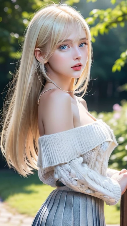 bright look、ponytail、Young, shiny, white, glossy skin、best beauty、Blonde reflected light、Platinum blonde hair with dazzling highlights、shiny bright hair,、super long silky straight hair、Shining beautiful bangs、Sparkling clear and charming big blue eyes、very beautiful lovely cute girl、rich bust,beautiful detailed eyes, beautiful detailed nose,(( whole body:1.25)),Makeup that the eyes emphasize、((Mini pleated skirt with many folds)),(A woman like Joan of Arc)、Knights, (((big wooden cane))),royal style,Comic style, , sub-surface scattering, gorgeous details, nature background, super photographic, cinematic, dramatic writing, muste piece、fluffy hair、((No shoulder knit sweater:1.3))、super exposed cleavage、((use magic:1.3))