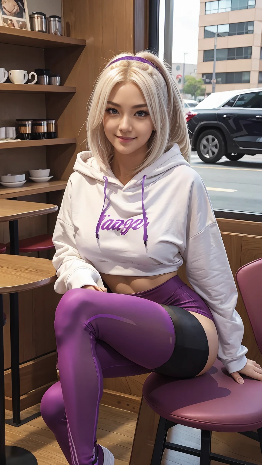 1 white girl, Gradient color from platinum blonde to purple, up hairstyle, Streaks of hair on the face, red eyes, mascara, oversized hoodie, abdomen, hot pants, tights, laced tights, bags under eyes, sitting, coffee shop, Ground Angle Shots, Viewer Looking Up, feet in tights, saggy breasts, impact, Raw photo, 8K, masterpiece、My abs are cracked、Smart but slim muscular body、smile、wearing a hair band