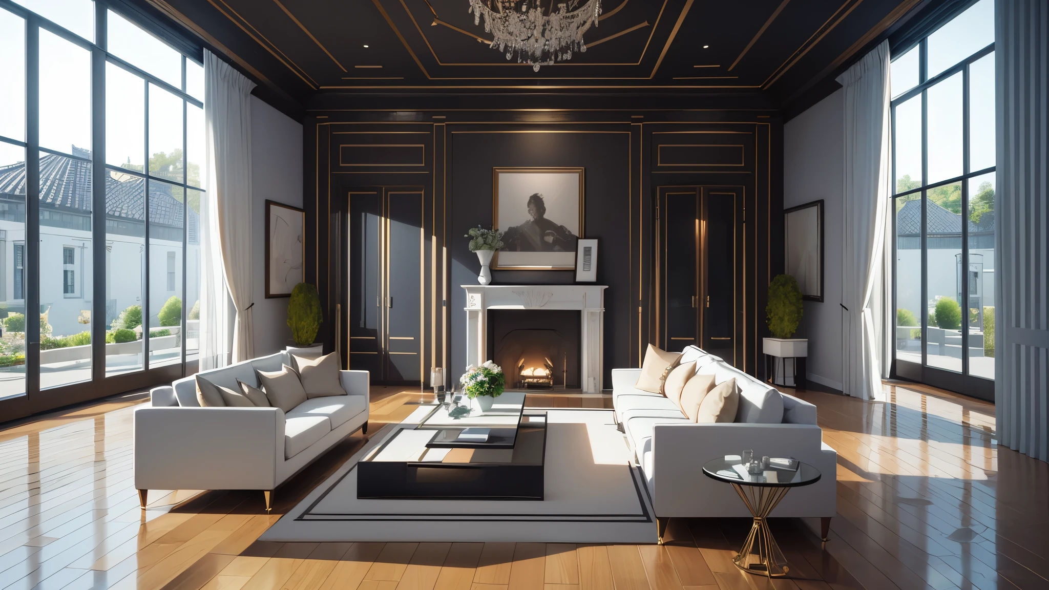 You are a famous interior designer、You have been asked to create a 3D image of a modern large room. Create a harmonious environment with modern and minimalist furniture. Including garden interior.