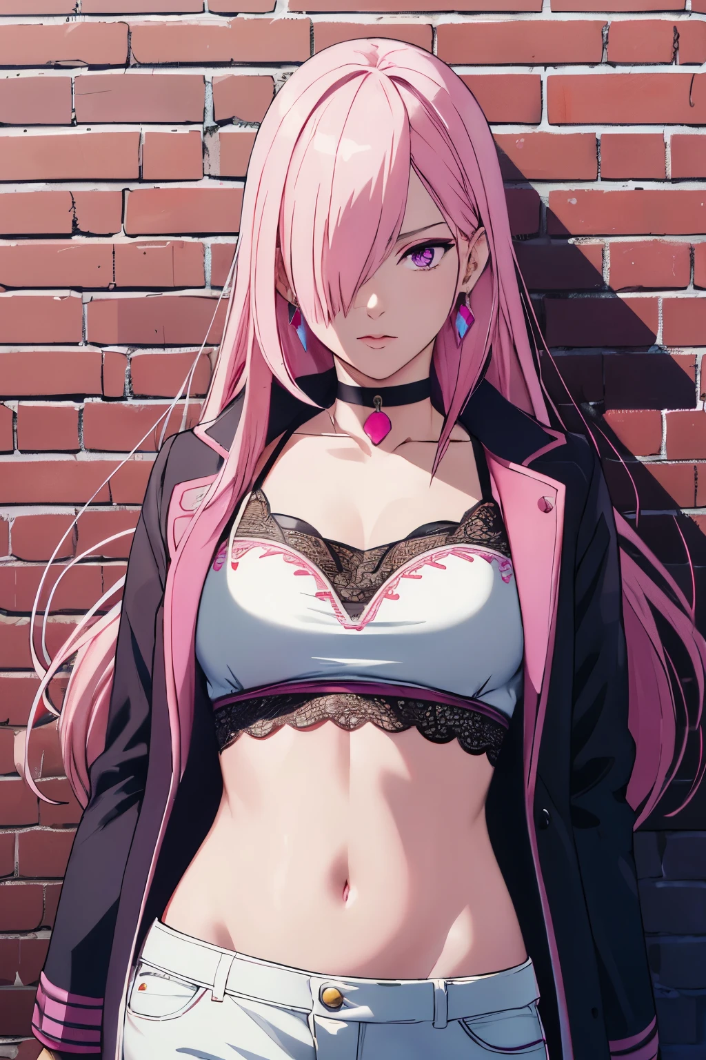 (masterpiece, best quality, 1girl, solo, intricate details, chromatic aberration), realistic, ((medium breath)),long hair, pink hair, red head ornament, pink highlights, hair over one eye,purple eyes, earrings, sharp eyes, choker, neon shirt, open jacket, crop top, (symmetry eyes),(perfect symmetrical body),against wall, brick wall, graffiti, dim lighting, alley ,look at viewer