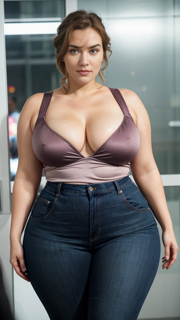 Kate Winslet beautiful woman sexy curvy plus size model wearing different color skin tight full t-shirt jeans Dress, eye contact camera view, different standing position, curvy plus size big hour glass figure, different style hairstyle, bright eyes, thin eyebrows, fair skin, blushing cheeks, prefect head to thigh close up view, Carnival in Rio de Janeiro, Brazil background and location, ultra realistic skin texture, head to thigh close up view, smile face