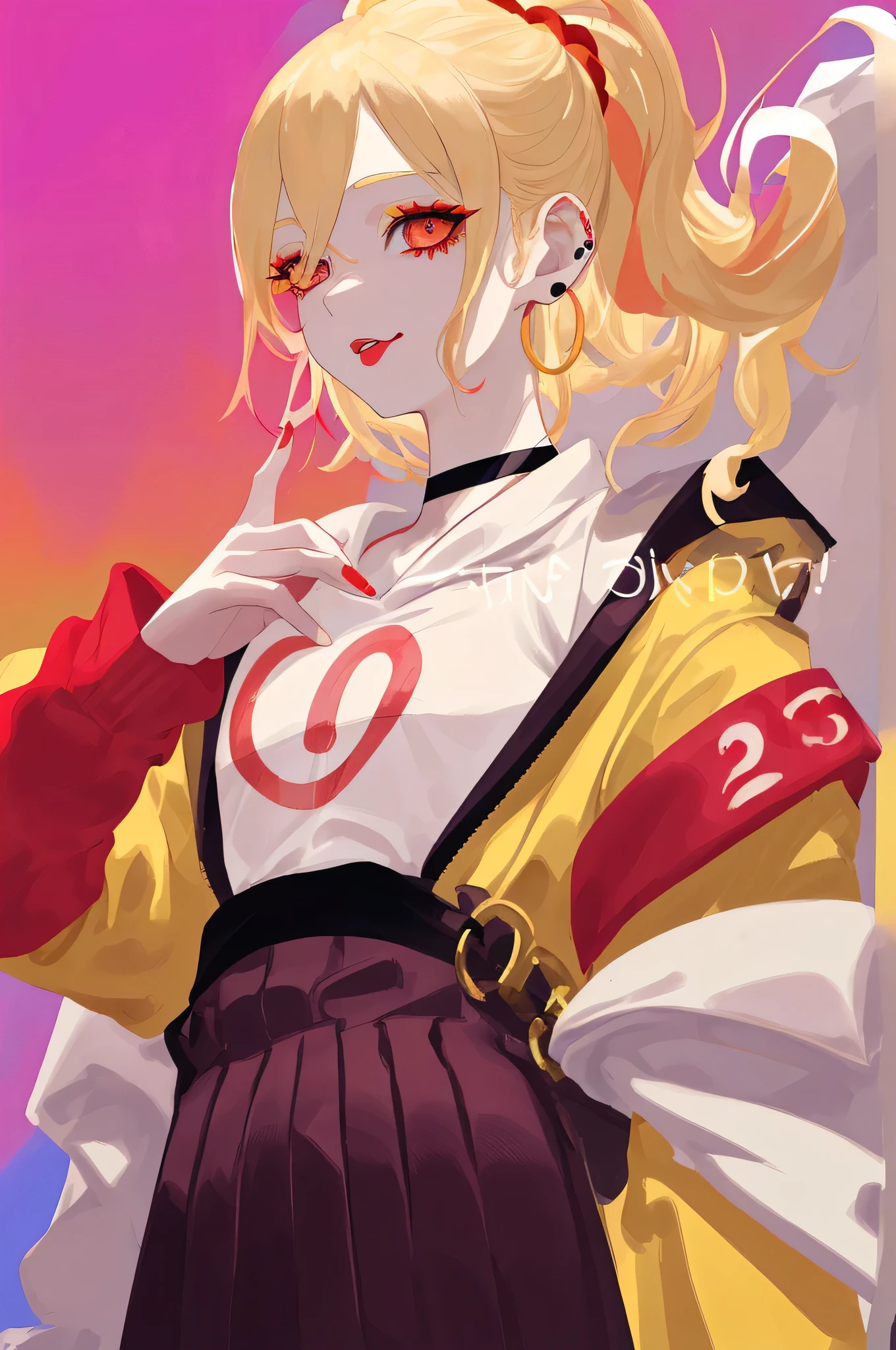Upper body standing painting, yellow style, (1 ), (alone), (cent, small), long blonde hair, looking at the viewer, Blue eyes background, white background, gem, Jacket, golden hair、straight hair, ear nipple rings, red eyes, choker necklace, sweater, eyelash, cosmetics, curly, punching, lipstick, ear piercing, eye shadow, hoop earrings, Red-pink lips, multicolored eyes, ((Yellow theme)), 赤いeye shadow,Wearing a rainbow-colored aura from the whole body、purplish color, outdoor, Purple background, Shadow lighting,folded hands,Behind the waist,Decisive pose、Detailed CG, (perfect hands, perfect anatomy)、stick out tongue(1:3)、Happier appearance