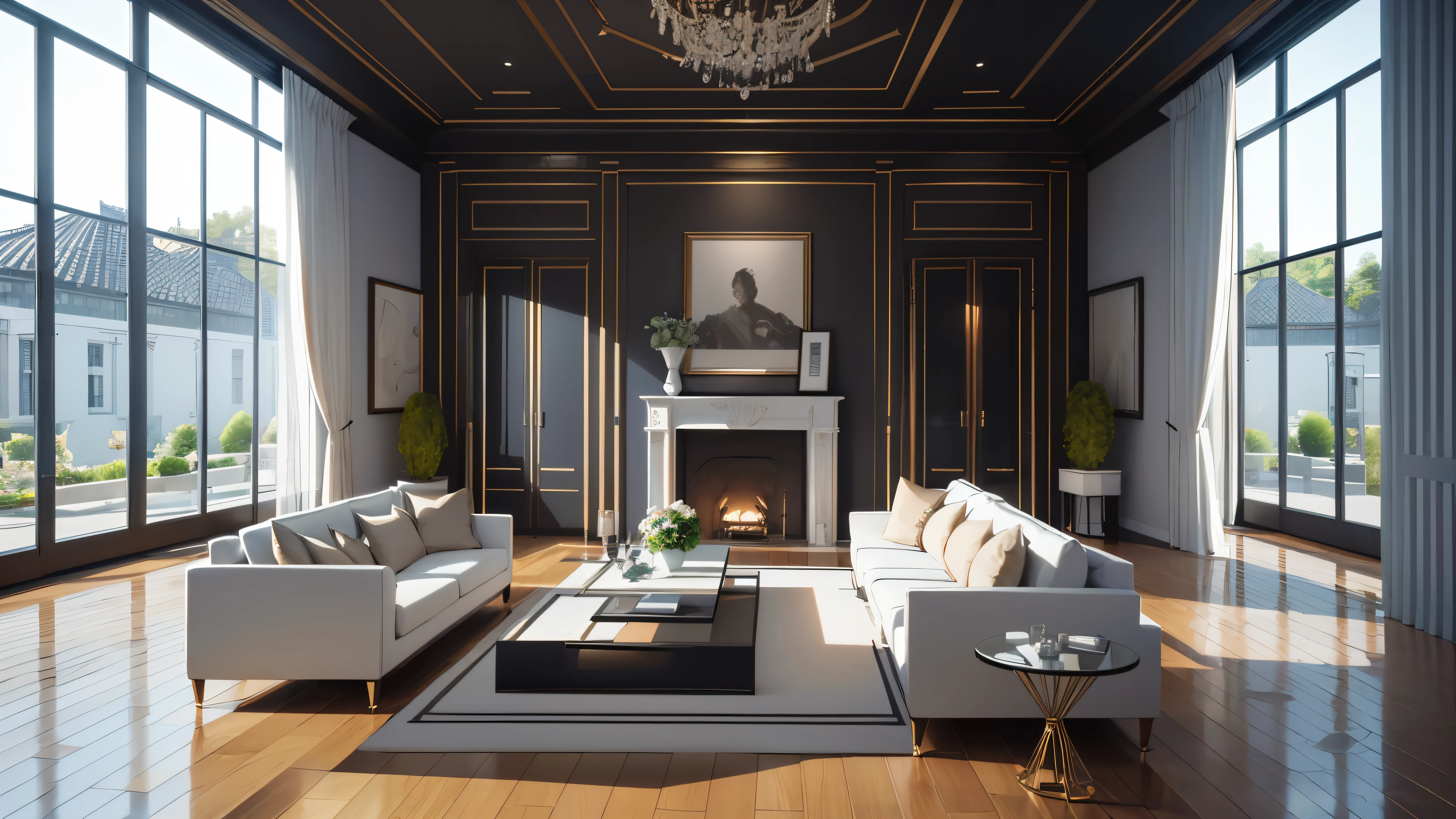 You are a famous interior designer、You have been asked to create a 3D image of a modern large room. Create a harmonious environment with modern and minimalist furniture. Including garden interior.