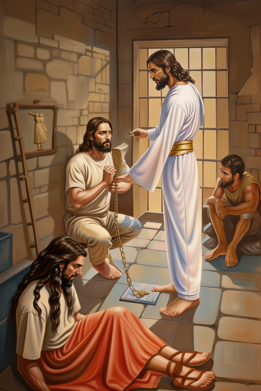 painting of jesus and a woman in a prison cell, jesus wasted at a party, the man is wrapped in chains, epic biblical representation, bible illustration, o senhor e salvador, prophetic art, Prison scene, por Robert Bain, Greg Olsen, por Juan O&#39;Gorman, artista desconhecido, Jesus of Nazareth, por David Burton-Richardson, Peter