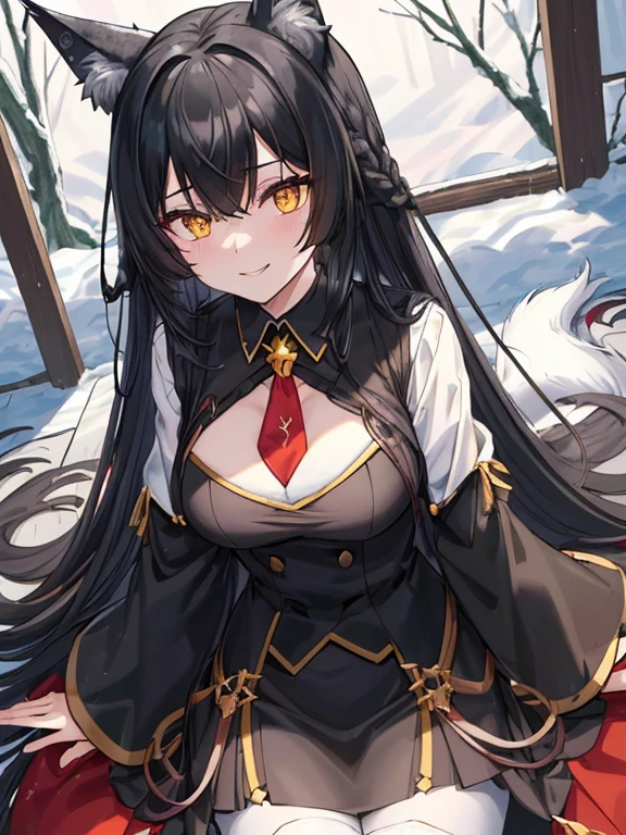 Black Haired, (Long hairstyles), Yellow Vertical pupil,(Vertical Eyes), Wolf ears, (Wicked Smiles), A girl, Wearing a White Suit Design Fur under The Neck, Aesthetic Design, Underneath Black shirt, Red necktie, ray,backlighting, masterpiece, best quality, exquisite,8k,absurdres ,super fine illustration,(looking at viewer), Back Ground, (((Snowy Forest Wolfs in corner))),