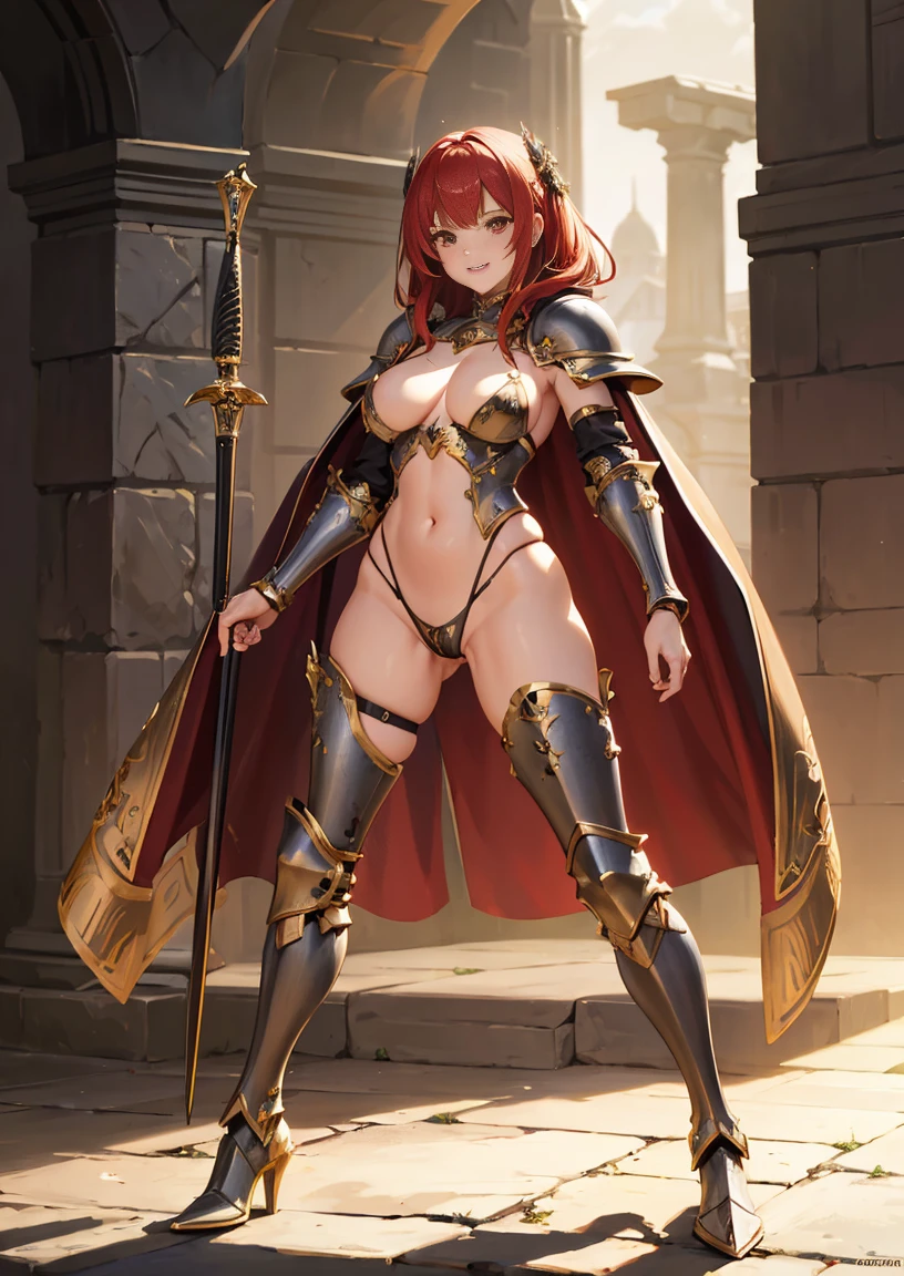 Masterpiece, best quality, full hd 8k, highly detailed, picture perfect, solo, 1 woman, mature, medium breasts, golden eyes, long red hair, mischievous look, mischievous smile, sharp teeth, knight, standing, legs apart , full body, revealing clothing, micro bikini armor, thong, nude armor, plush cape, excessive female pubic hair, hairy pussi, shoulder armor, shoulder pads, armor heel boots, sabaton, greave, poleyn, tasset, lame, bracers, gauntlet, couter, rerebrace, dor background, nfsw