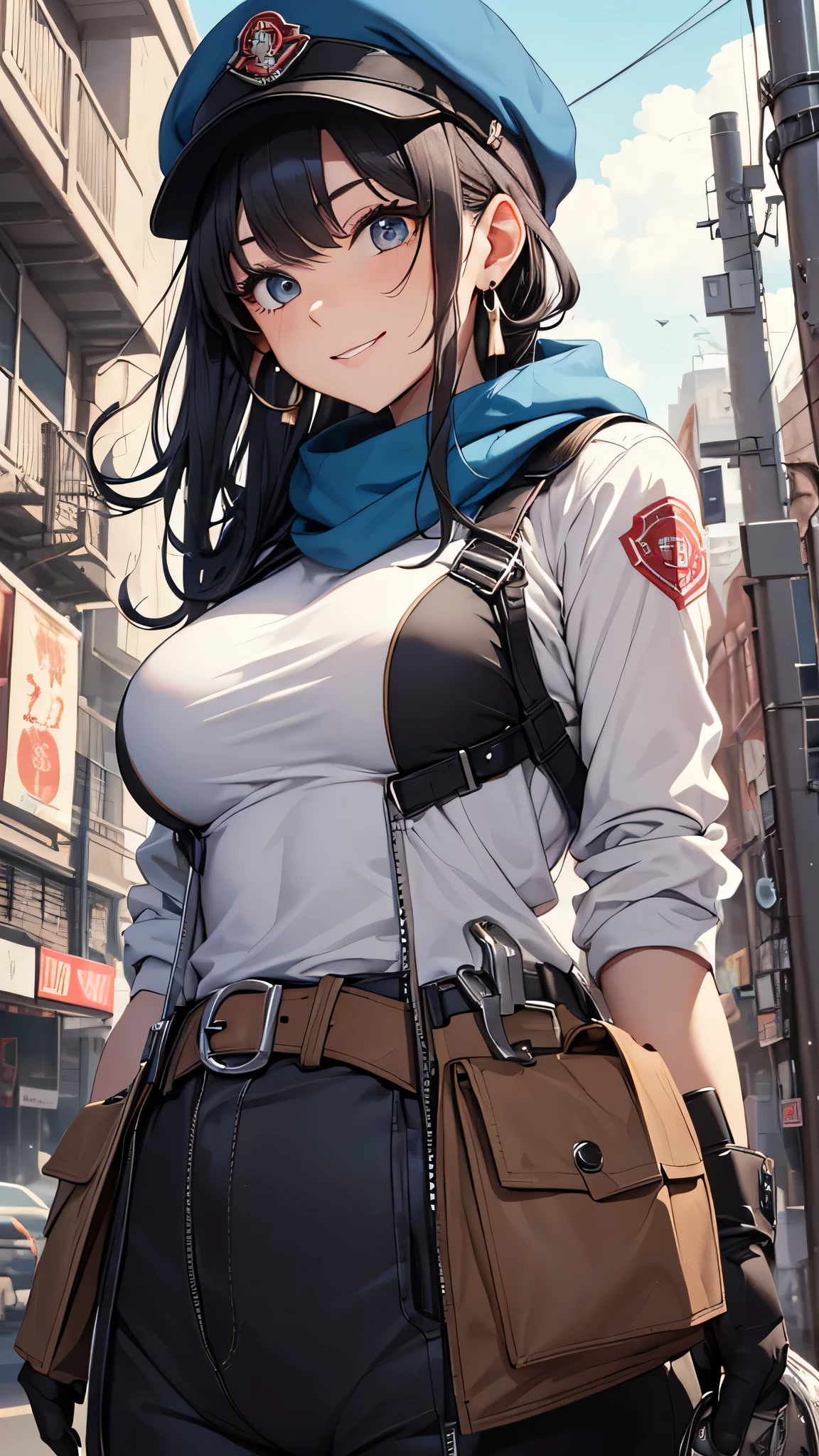 最high quality、best image quality、masterpiece、age girl((18-year-old、 By becoming、vest bust、medium bust,wide open breast tea、black eye, black hair、ponytail、thin,highest valley、Perforated gloves、blue earrings、bandana、black stretch work clothes、red work pants、have work tools、the whole body gets dirty、At work、cute smile、sweating、wrap the jacket around your waist、blue cap hat、Random movement)),high quality、beautiful art、background((fighter jet、hangar)),debris flies、Depth of written boundary、movie、visual art、perfect art、8K,genuine