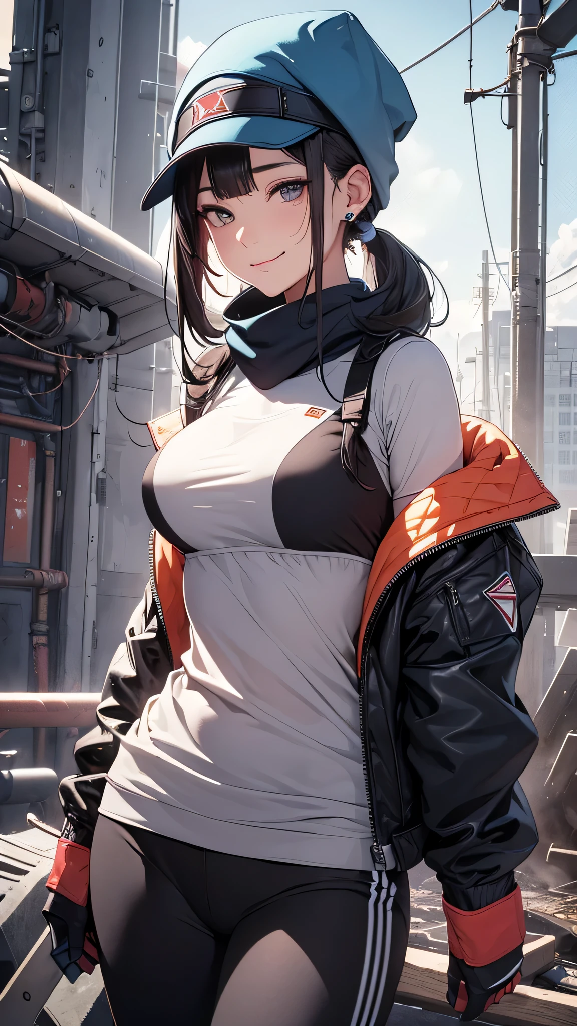 最high quality、best image quality、masterpiece、teenage girl((18-year-old、 By becoming、vest bust、medium bust,wide open breast tea、black eye, black hair、ponytail、thin,highest valley、Perforated gloves、blue earrings、bandana、black stretch work clothes、red work pants、have work tools、the whole body gets dirty、At work、cute smile、sweating、wrap the jacket around your waist、blue cap hat、Random movement)),high quality、beautiful art、background((fighter jet、hangar)),debris flies、Depth of written boundary、movie、visual art、perfect art、8K,genuine
