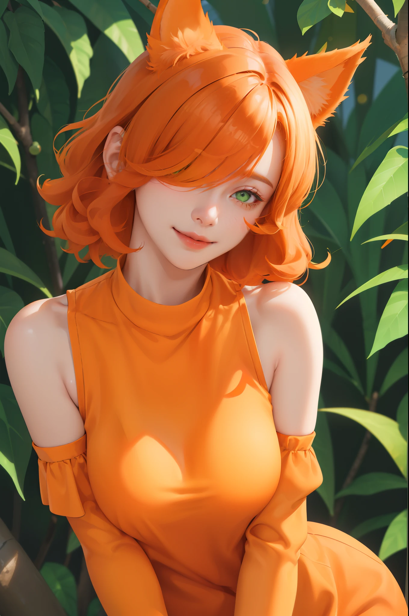 (masterpiece:1.2, best quality), (real picture, intricate details), (1lady, solo), upper body, close-up face, casual, natural fabrics, smile, Top Quality, Masterpiece, Hi-Res, Beautiful Face, photography, High Resolution, 4k, 8k, Asian face, dark orange arm sleeve, detailed face, detailed eye, exposed shoulder, (((green eyes, orange cat ears, medium breast:1.5, orange hair:1.5, orange clothes:1.5, short curly hair:1.2, hair over one eye:1.5))), ((orange hair:1.5, orange clothes:1.5)), (background orange tree:1.5),