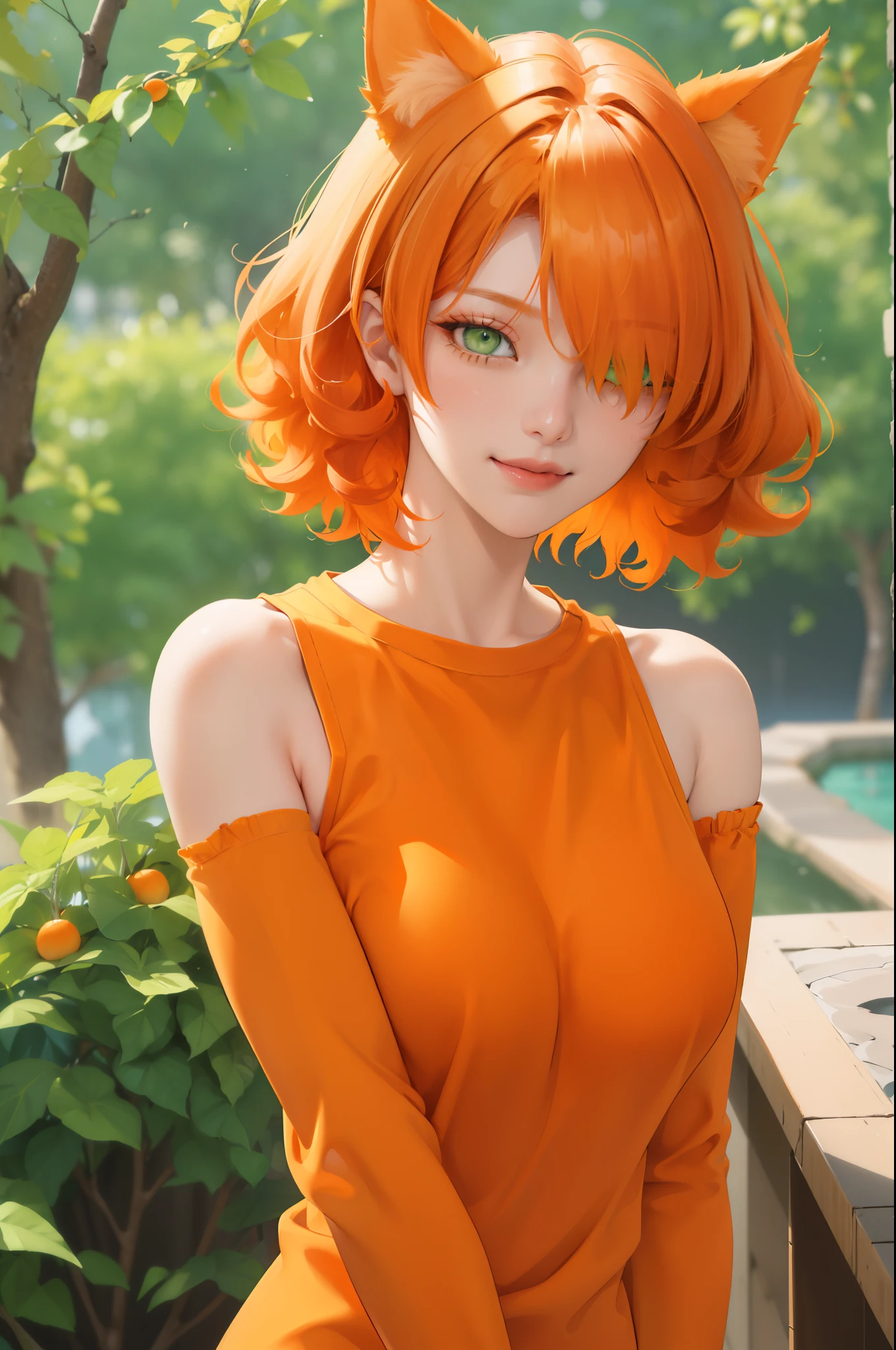 (masterpiece:1.2, best quality), (real picture, intricate details), (1lady, solo), fullbody, close-up face, casual, natural fabrics, smile, Top Quality, Masterpiece, Hi-Res, Beautiful Face, photography, High Resolution, 4k, 8k, Asian face, dark orange arm sleeve, detailed face, detailed eye, exposed shoulder, (((green eyes, orange cat ears, medium breast:1.5, orange hair:1.5, orange clothes:1.5, short curly hair:1.2, hair over one eye:1.5))), ((orange hair:1.5, orange clothes:1.5)),  (background autumn tree:1.5),
