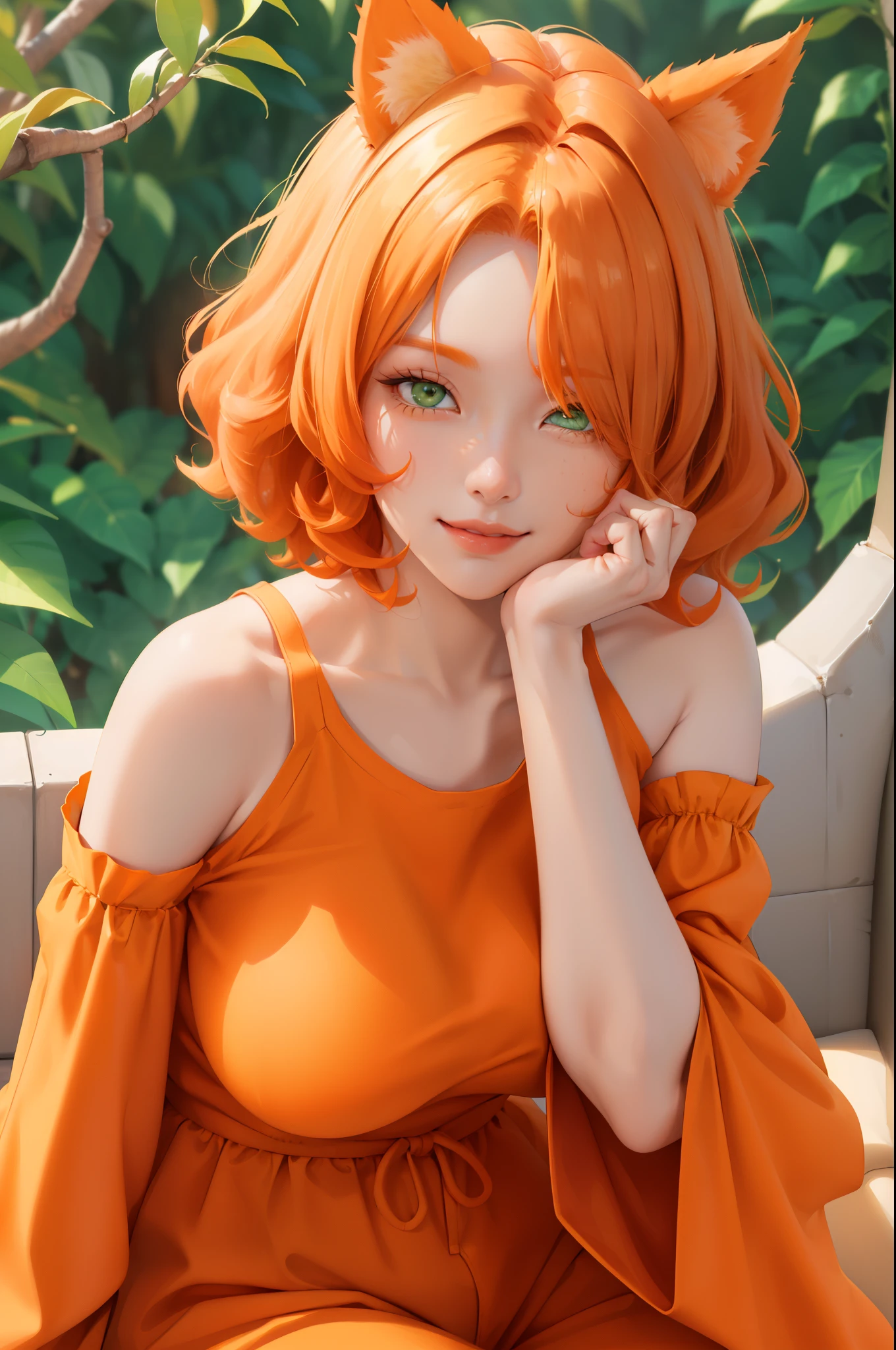 (masterpiece:1.2, best quality), (real picture, intricate details), (1lady, solo), fullbody, close-up face, casual, natural fabrics, smile, Top Quality, Masterpiece, Hi-Res, Beautiful Face, photography, High Resolution, 4k, 8k, Asian face, dark orange arm sleeve, detailed face, detailed eye, exposed shoulder, (((green eyes, orange cat ears, medium breast:1.5, orange hair:1.5, orange clothes:1.5, short curly hair:1.2, hair over one eye:1.5))), ((orange hair:1.5, orange clothes:1.5)), (background orange tree:1.5),