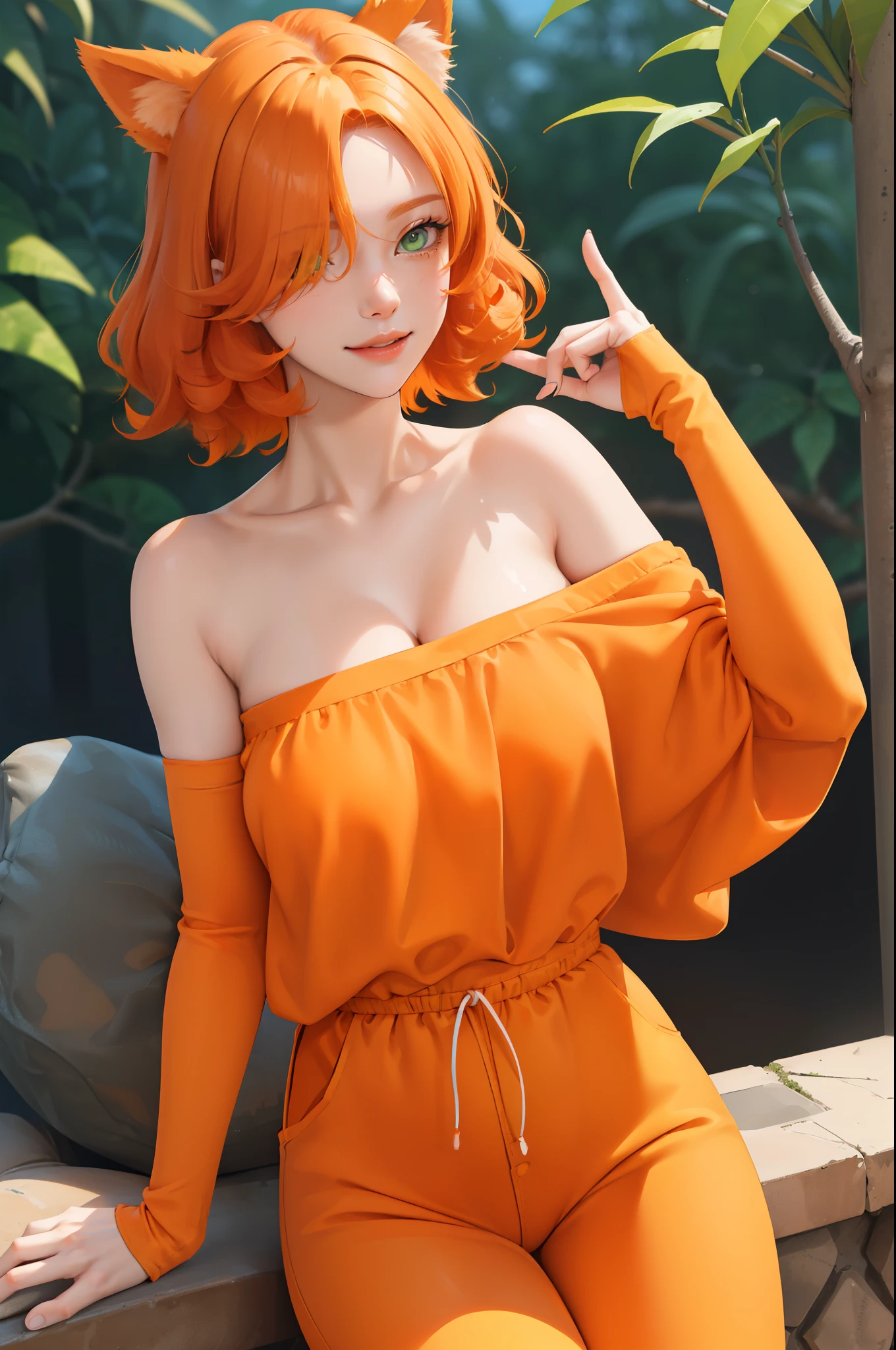 (masterpiece:1.2, best quality), (real picture, intricate details), (1lady, solo), fullbody, close-up face, casual, natural fabrics, smile, Top Quality, Masterpiece, Hi-Res, Beautiful Face, photography, High Resolution, 4k, 8k, Asian face, dark orange arm sleeve, detailed face, detailed eye, exposed shoulder, (((green eyes, orange cat ears, medium breast:1.5, orange hair:1.5, orange clothes:1.5, short curly hair:1.2, hair over one eye:1.5))), ((orange hair:1.5, orange clothes:1.5)), (background orange tree:1.5),