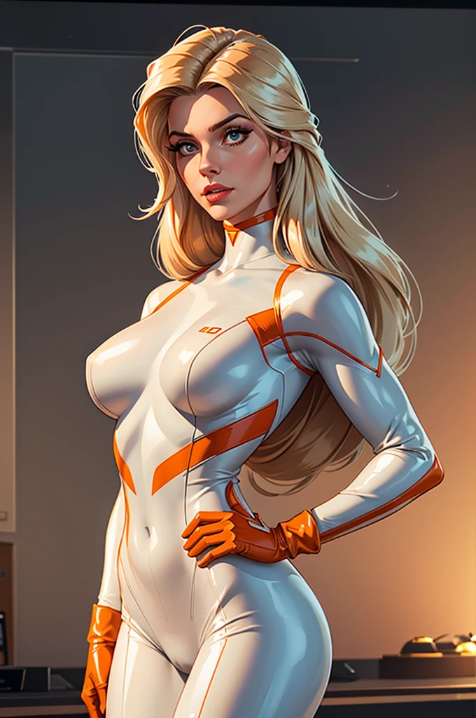 (best quality,8k:1.2,high resolution:1.2),ultra-detalhado,Realistic,retro science female,static pose,long hair,rosto extremamente detalhados,long eyelashes,white porcelain catsuit,Apertado,light beige gloves,light orange Glossy metalic accessories,Physically-based rendering,foco nítido,studio lighting