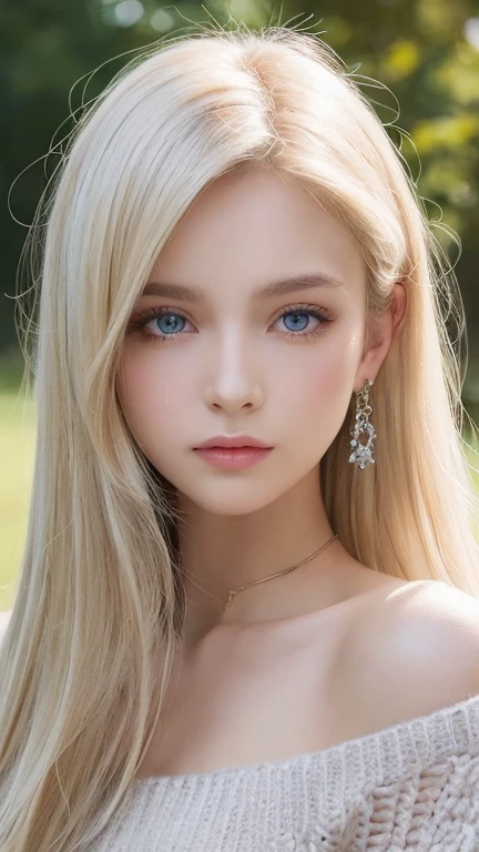 bright look、ponytail、Young, shiny, white, glossy skin、best beauty、Blonde reflected light、Platinum blonde hair with dazzling highlights、shiny bright hair,、super long silky straight hair、Shining beautiful bangs、Sparkling clear and charming big blue eyes、very beautiful lovely cute 16 year old girl、rich bust,beautiful detailed eyes, beautiful detailed nose,(( whole body:1.25)),Makeup that the eyes emphasize、((Mini pleated skirt with many folds)),(A woman like Joan of Arc)、Knights, (((big wooden cane)))，royal style，Comic style, , sub-surface scattering, gorgeous details, nature background, super photographic, cinematic, dramatic writing, muste piece、fluffy hair、((No shoulder knit sweater:1.3))、super exposed cleavage、((use magic:1.3))、small face beauty、cheek gloss highlight