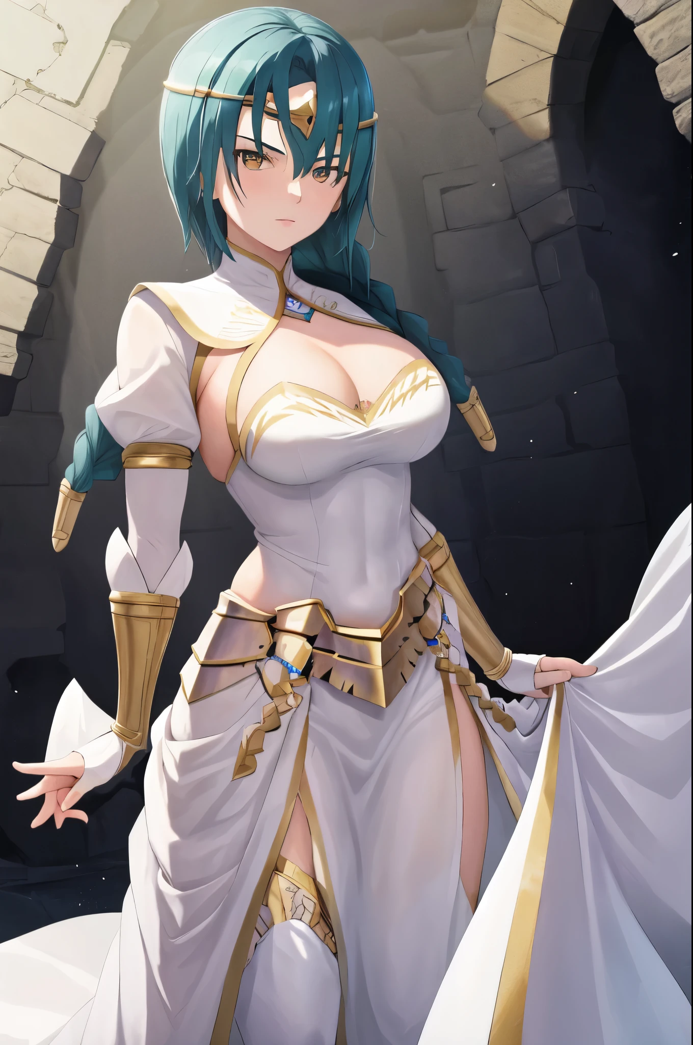 masterpiece, best quality, 1girl, solo, thorrdef, single braid, circlet, white dress, cleavage, bridal gauntlets, looking at viewer,