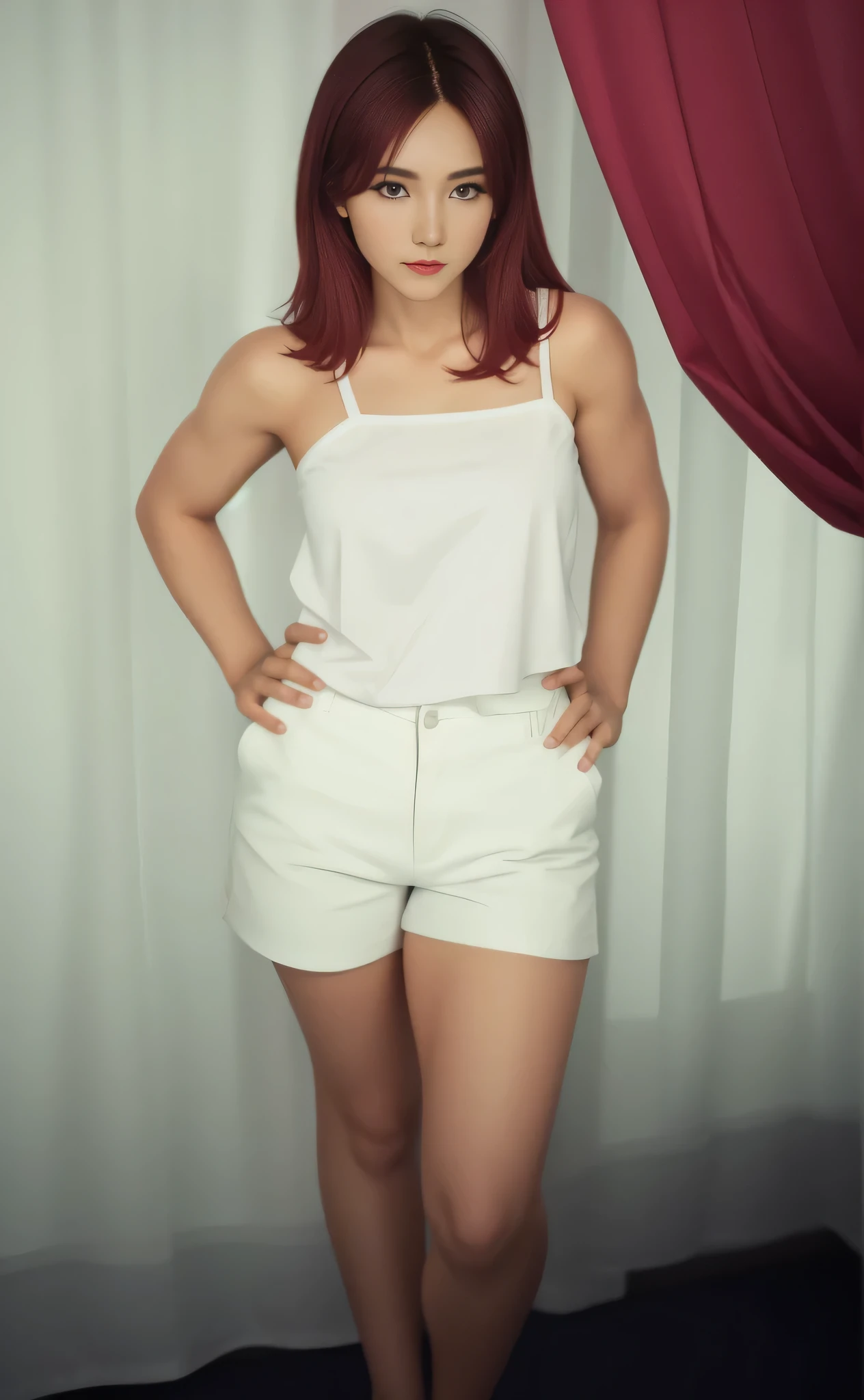 there is a woman standing in front of a curtain wearing white shorts and a white t-shirt, em roupas brancas, vestindo uma camiseta branca e shorts, Roupas brancas, tudo branco. Ela tem cerca de 30 anos, pesando cerca de 53 quilos, medindo 162 cm de altura. Pele branca, pernas tonificadas, corpo perfeito. Clear photo, alta qualidade, high resolution, obra de arte, 8k.