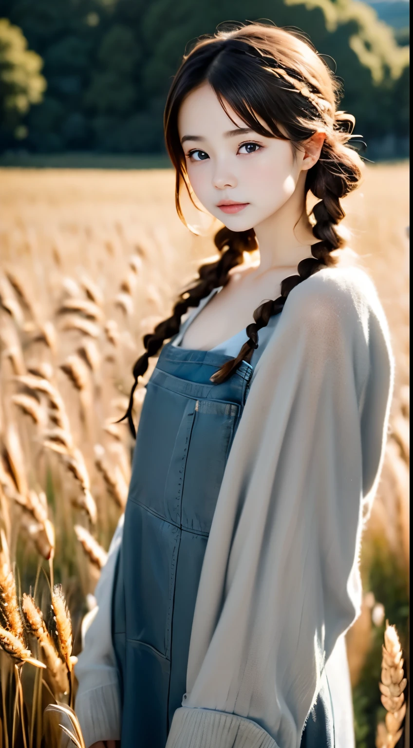 one woman、cute face、Also々new expression、Japanese、charming eyes、mesh chestnut hair、french braid、18-year-old、gray eyes、camisole dress、Blue jacket、outdoor、Alsoとした佇まい、field of wheat