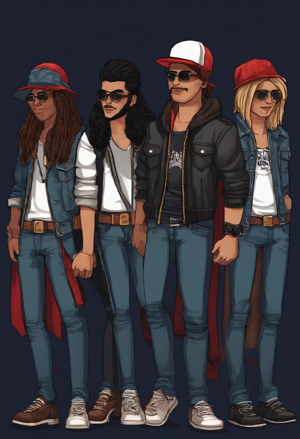 "Quatro amigos formam o grupo: um com estilo emo usando touca, another sporting a stylish coat with a bandana on his head, one with long hair and the last one wearing jeans with a unique haircut. Turn this description into pixel art for Habbo Hotel in 2 hours."