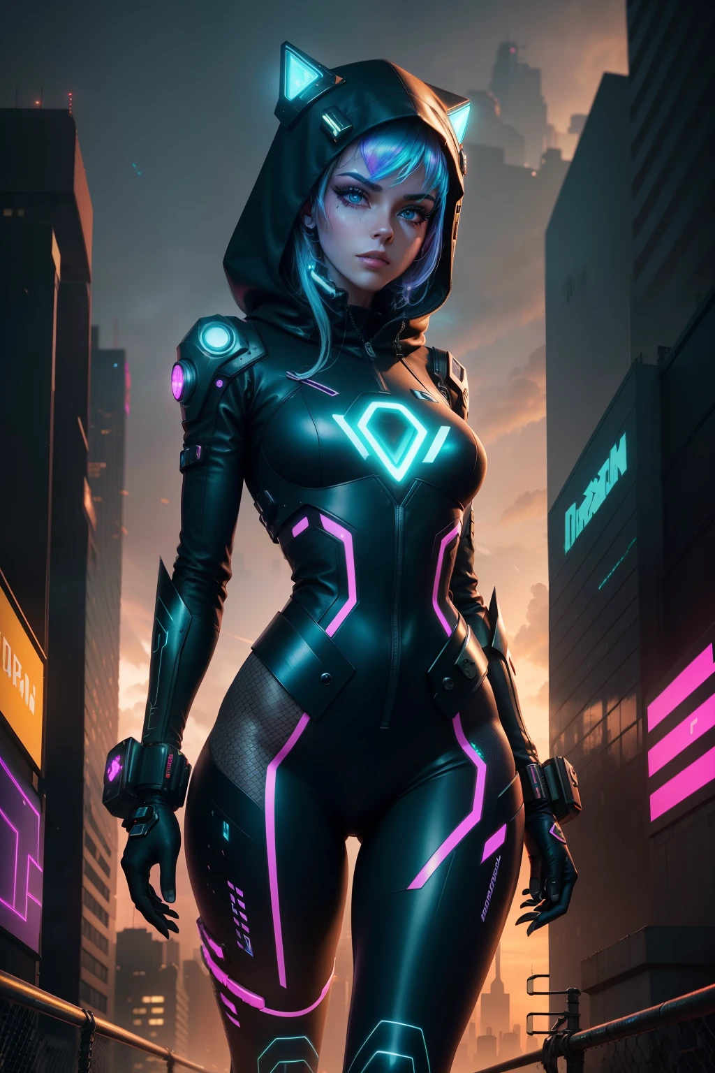 Amidst the gritty backdrop of a cyber punk city, neon lights flash and reflect off sleek, metallic surfaces. Towering structures adorned with circuitry and holographic advertisements dominate the urban landscape, where citizens clad in futuristic attire move with a determined rhythm. In the heart of this technological metropolis, a figure in cyberpunk attire, with piercing eyes and a hood concealing their identity, stands in awe.
Above the city, a breathtaking spectacle unfolds. A portal hovering in the sky, its edges shimmering with iridescent energy, beckons with an ethereal allure. It'