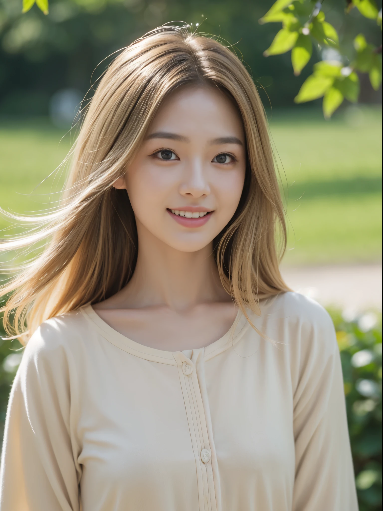 highest quality、masterpiece、Super high resolution、(Photoreal:1.3)、model body shape、1 girl, beige hair、hair blowing in the wind、beaver、Natural clothing、model pose、beautiful face、highly detailed face、Fine skin texture、detailed eye、double eyelid、big smile、Focal length 50mm lens、F-1.8、natural soft light、healthy beauty、angle of pull、turning style、Deep subject depth