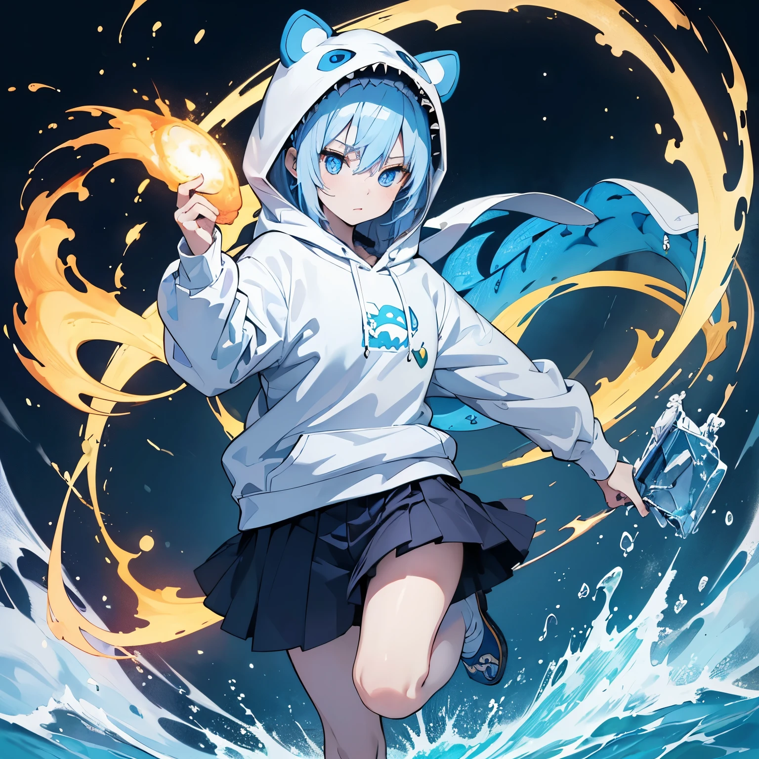 ((best quality)), ((masterpiece)), (detailed) (4k), perfect face, white skin, wearing a dinosaur hoodie, burnt hands, blue eyes, detailed face, 18 years old. dominant colors are white, blue, gold. similar to rin okumura from ao no exorcist, full body art