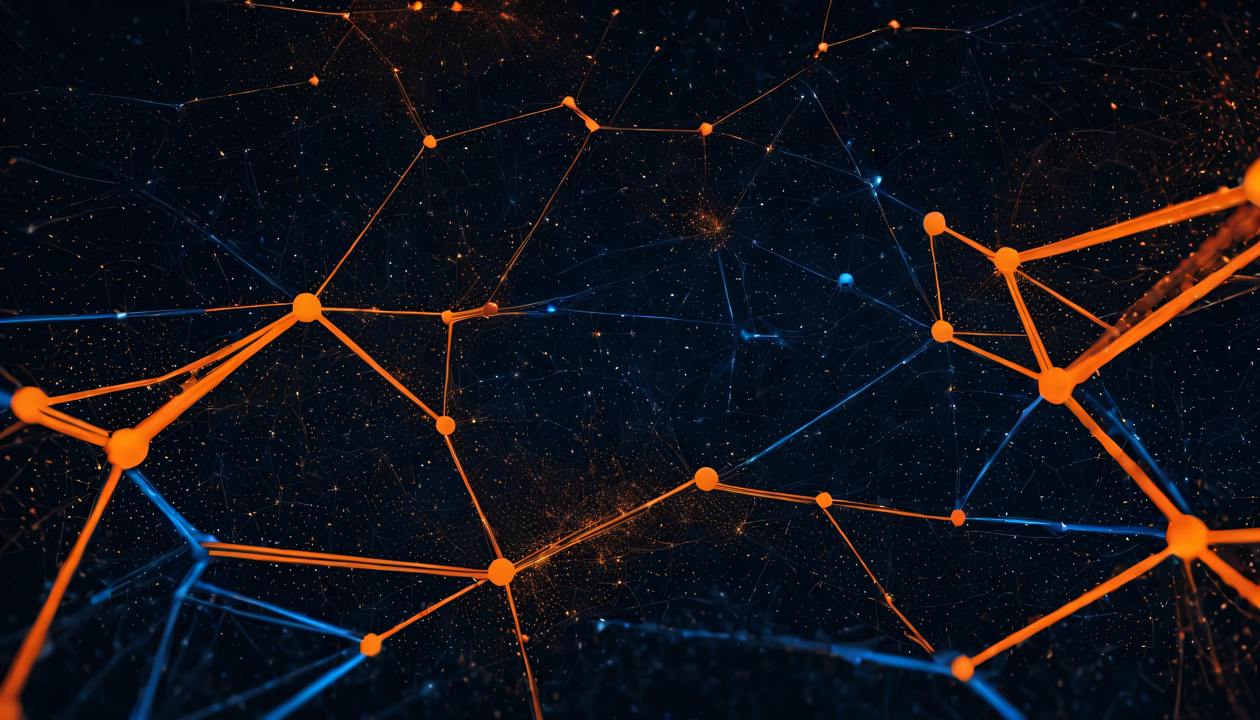a blue and orange abstract background, digital art, digital nodes cyber security polygon flowing abstract art representing data, connectivity, on a dark background, particles simulation, connections, connectedness, digital background, blockchain, complex background, particle simulation, cyber background, omnious background